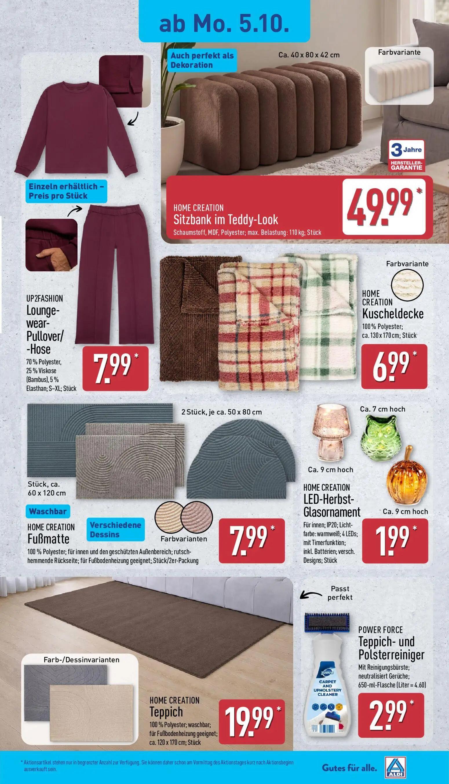 Aldi Nord Prospekt, Seite 17 von 45 — Lounge-wear-Pullover/-Hose, Sitzbank im Teddy-Look, Kuscheldecke