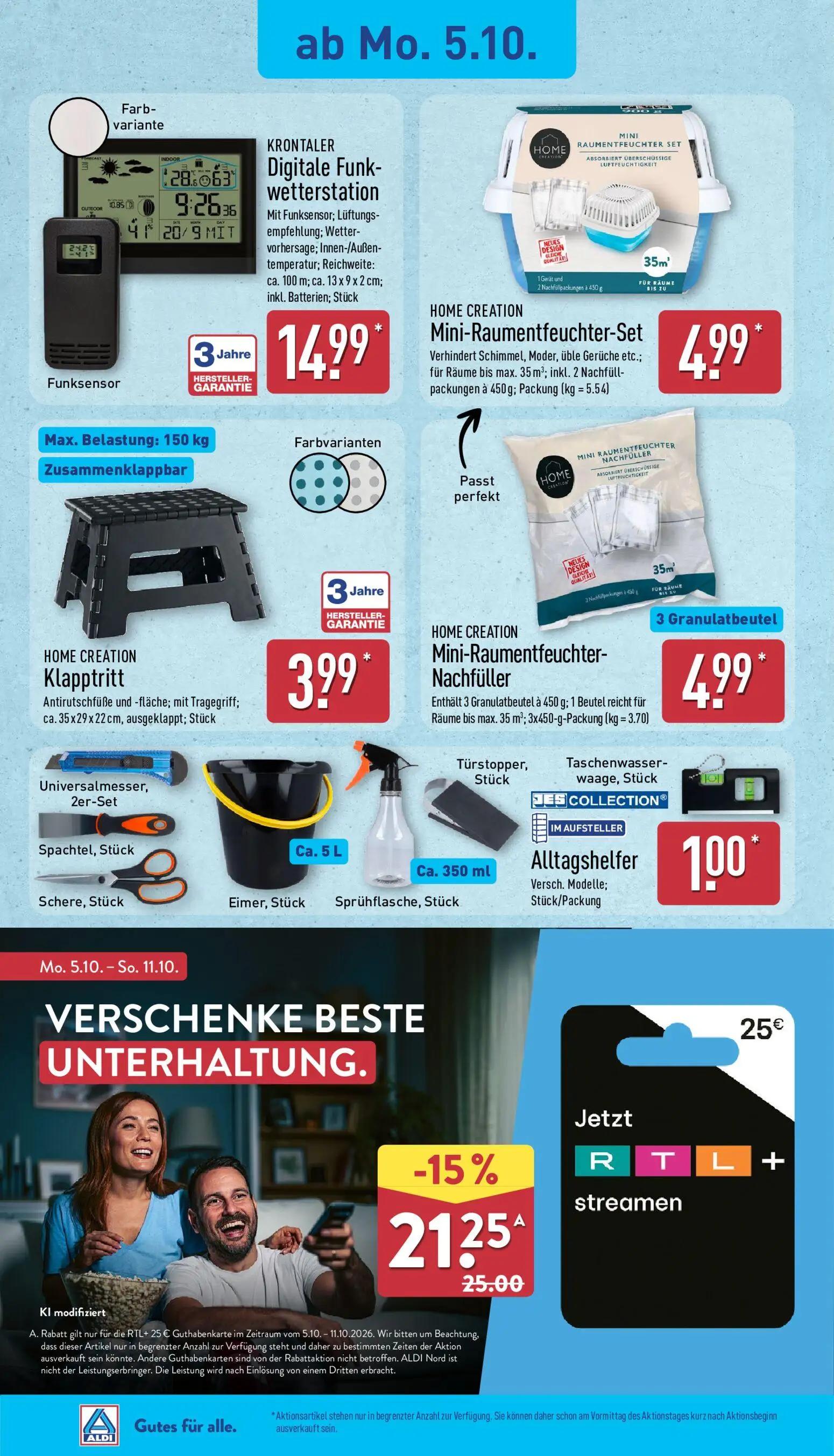 Aldi Nord Prospekt, Seite 18 von 45 — RTL+ Guthabenkarte, KRONTALER Digitale Funkwetterstation, HOME CREATION Mini-Raumentfe…
