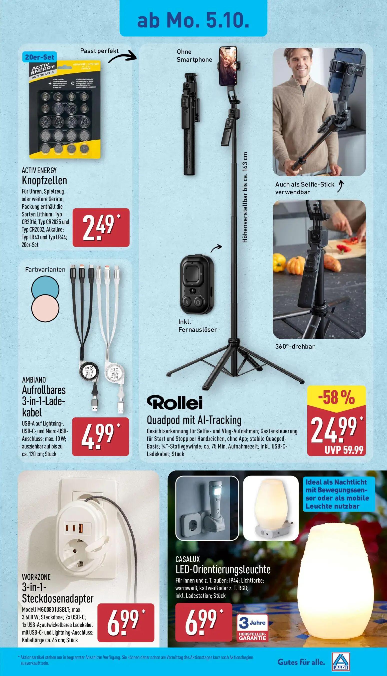 Aldi Nord Prospekt, Seite 19 von 45 — Rollei Quadpod mit Al-Tracking, ACTIV ENERGY Knopfzellen, AMBIANO Aufrollbares 3-in-1-…