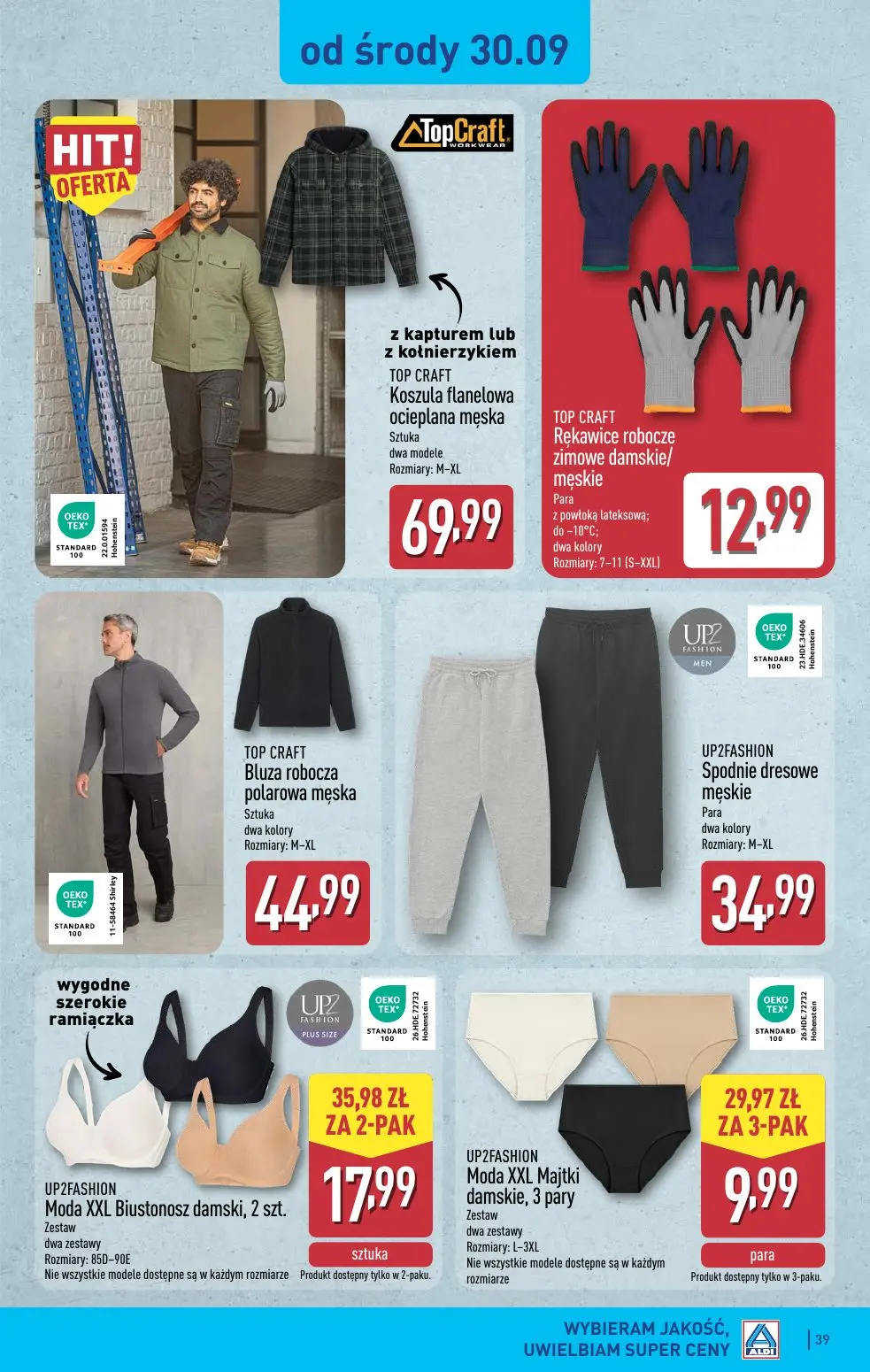 ALDI gazetka, strona 39 z 52 — Moda XXL Majtki damskie, 3 pary, Moda XXL Biustonosz damski, 2 szt., Koszula flanelowa ociepl…