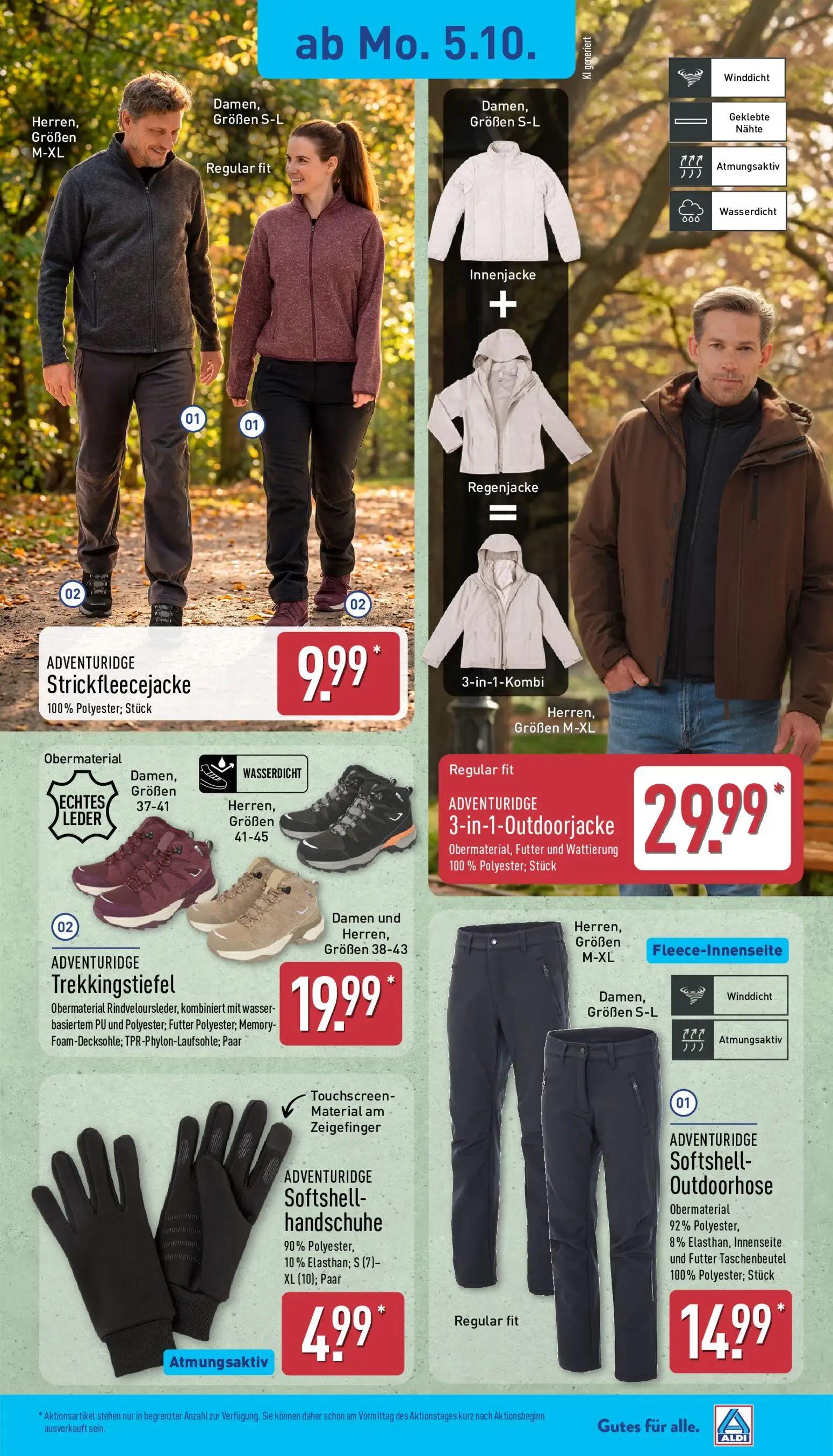 Aldi Nord Prospekt, Seite 21 von 45 — ADVENTURIDGE Strickfleecejacke, ADVENTURIDGE 3-in-1-Outdoorjacke, ADVENTURIDGE Trekkin…