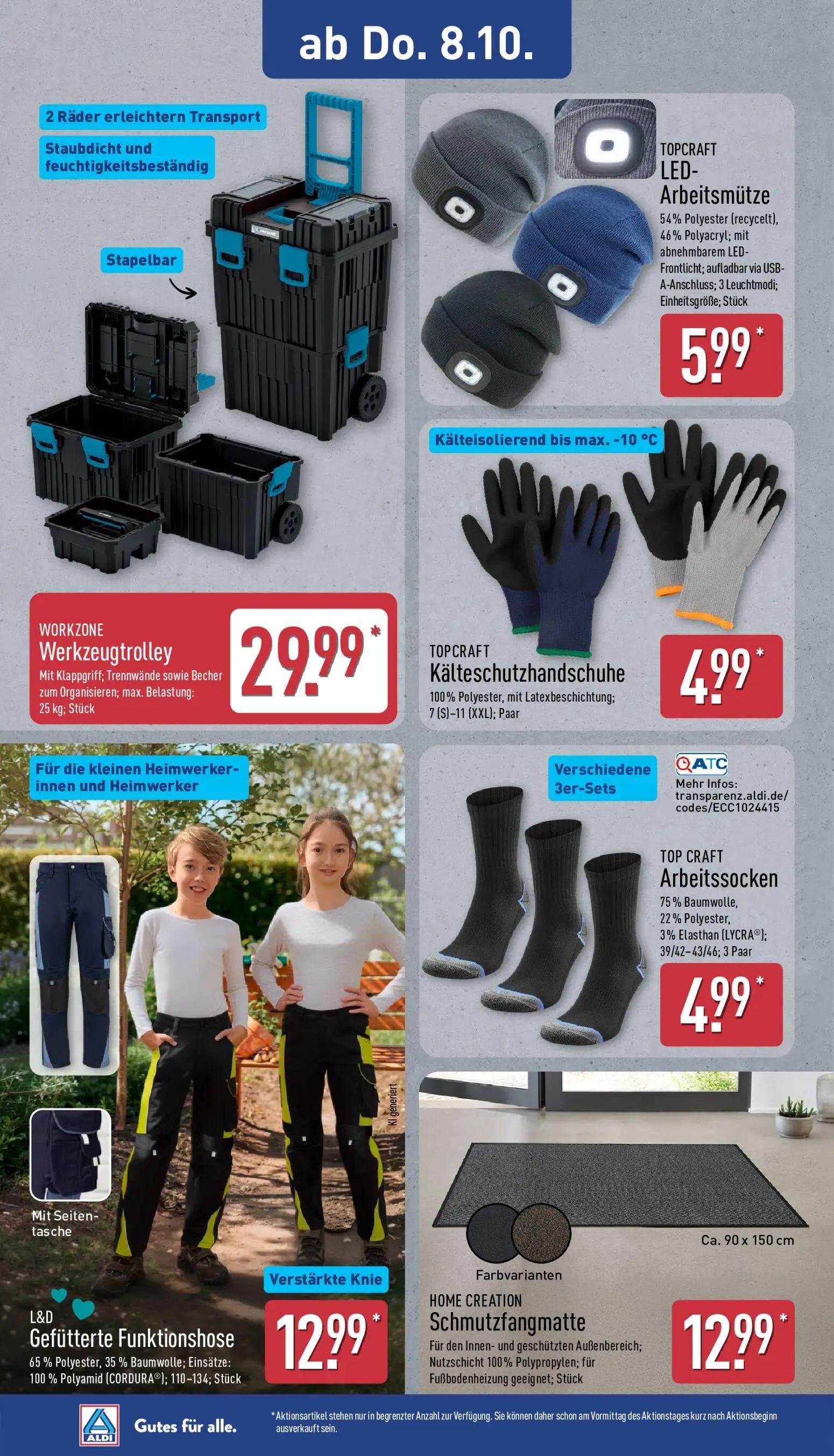 Aldi Nord Prospekt, Seite 22 von 45 — WORKZONE Werkzeugtrolley, TOPCRAFT LED-Arbeitsmütze, TOPCRAFT Kälteschutzhandschuhe