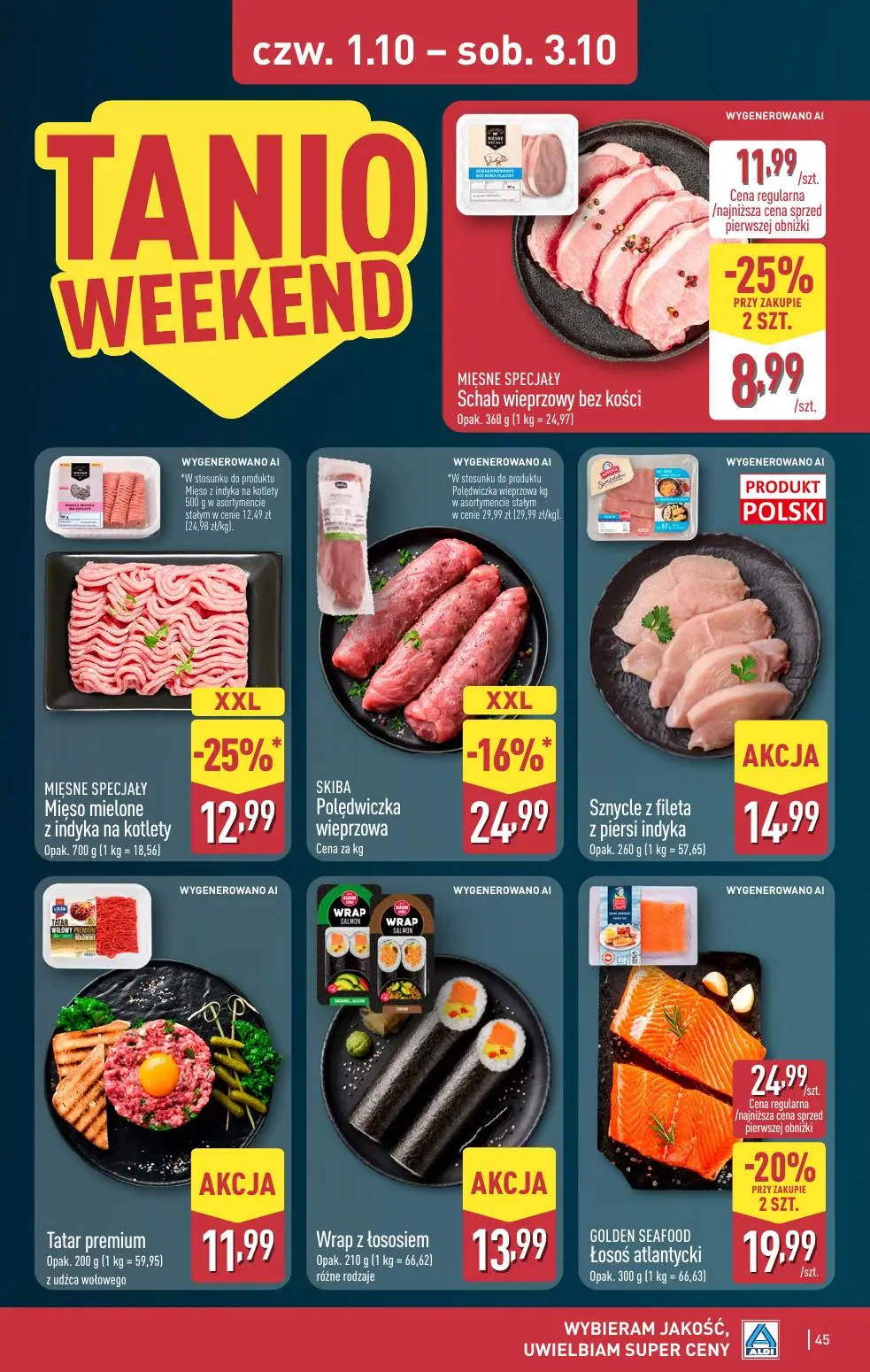 ALDI gazetka, strona 45 z 52 — GOLDEN SEAFOOD Łosoś atlantycki, Polędwiczka wieprzowa, Mięso mielone z indyka na kotlety
