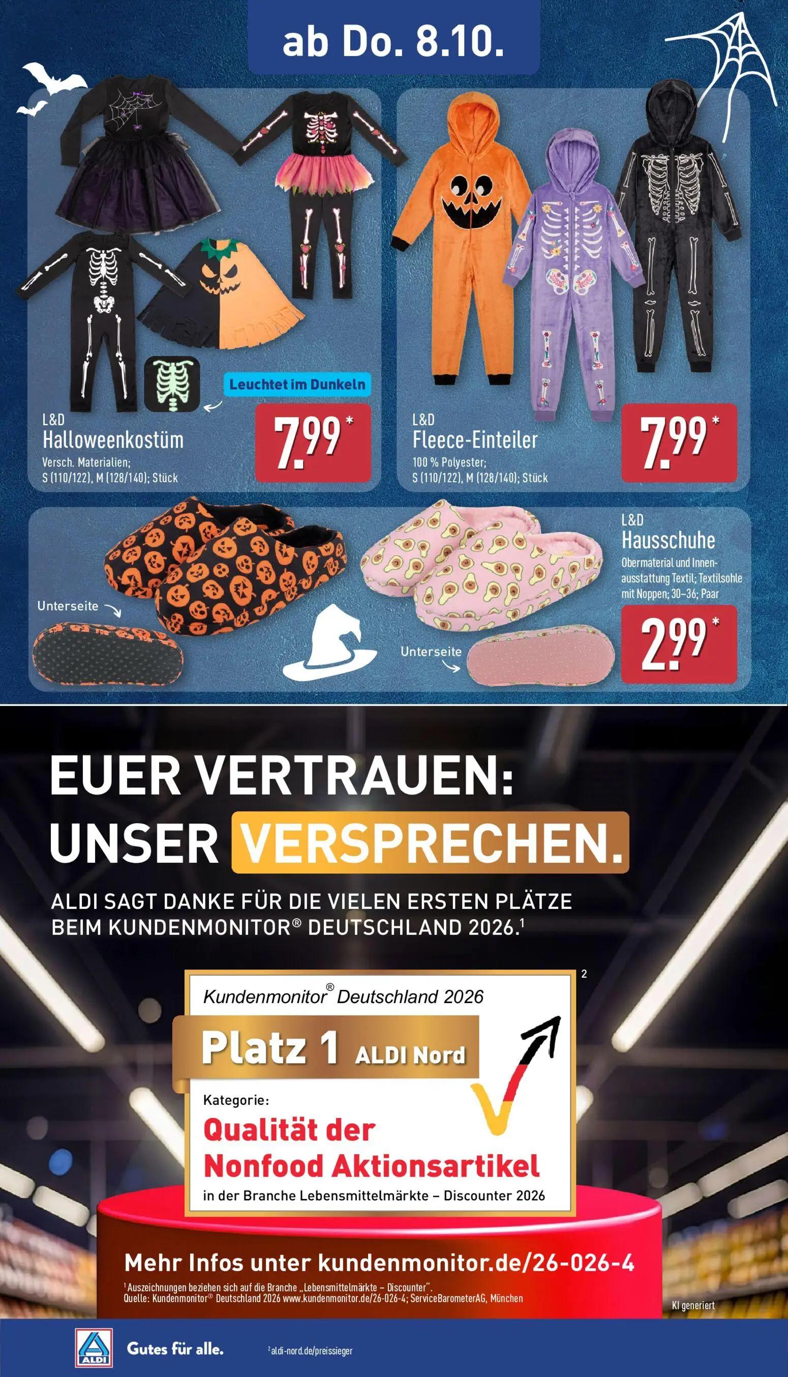 Aldi Nord Prospekt, Seite 26 von 45 — Halloweenkostüm, Fleece-Einteiler, Hausschuhe
