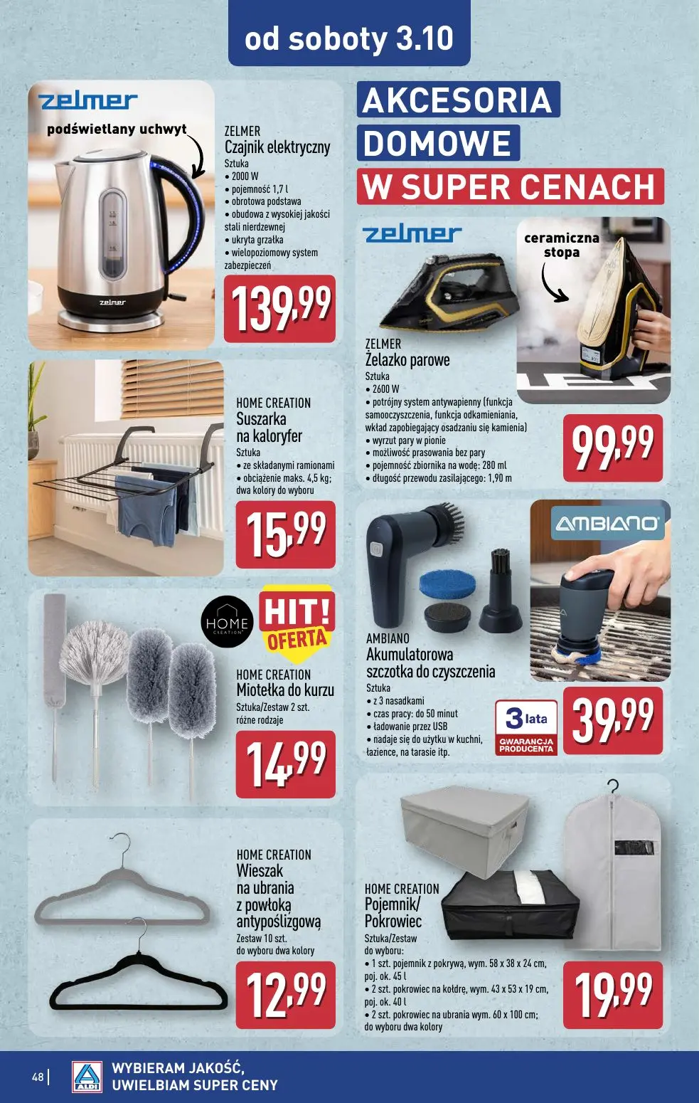 ALDI gazetka, strona 48 z 52 — ZELMER Czajnik elektryczny, ZELMER Żelazko parowe, HOME CREATION Suszarka na kaloryfer