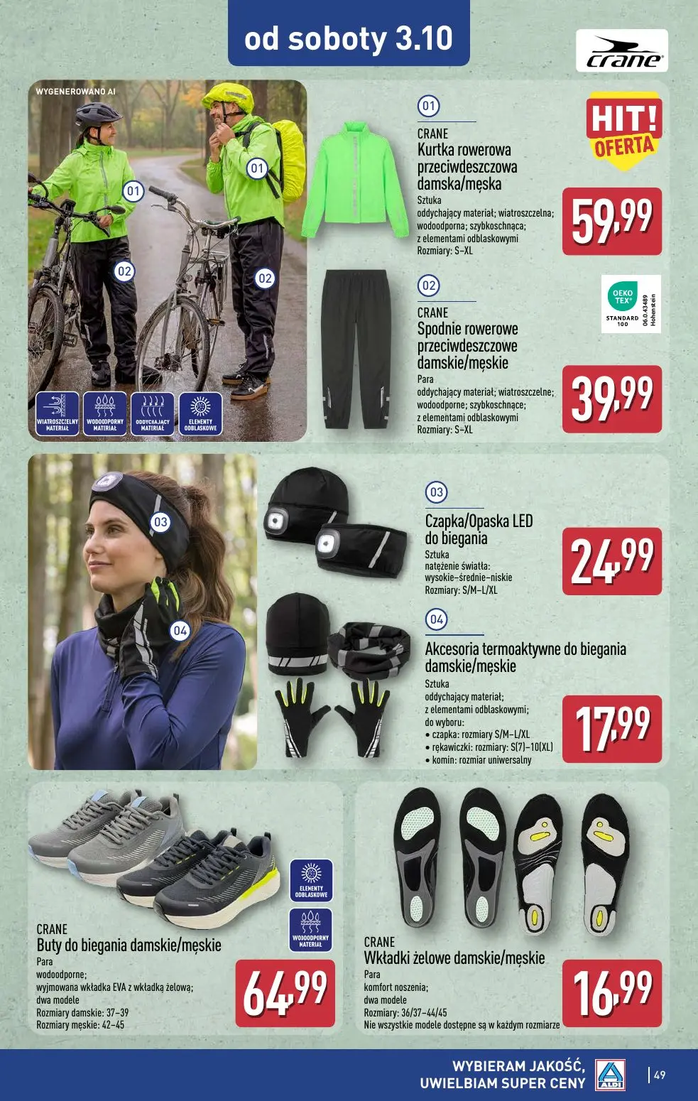 ALDI gazetka, strona 49 z 52 — CRANE Kurtka rowerowa przeciwdeszczowa damska/męska, CRANE Spodnie rowerowe przeciwdeszczowe …
