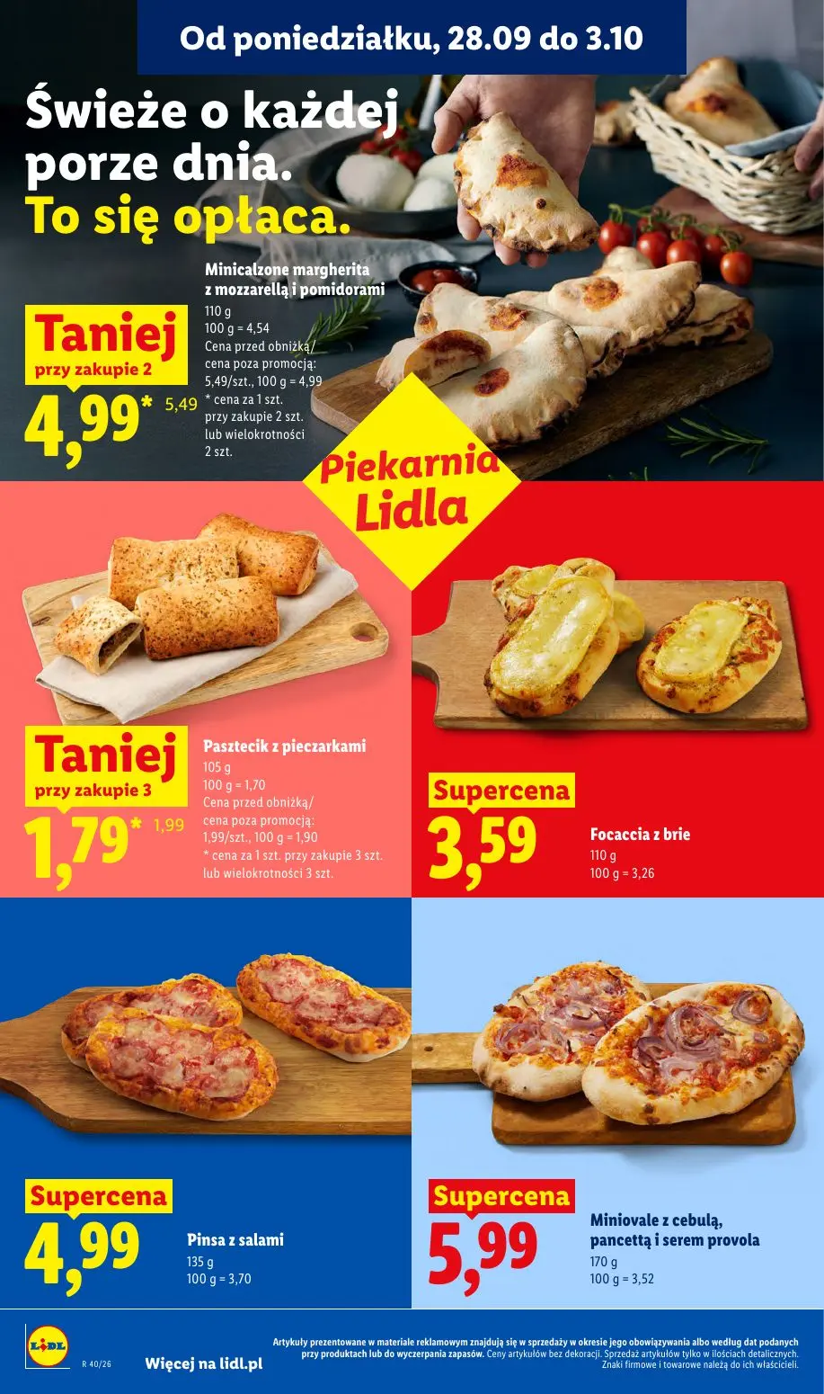 Lidl gazetka, strona 52 z 101 — Minicalzone margherita z mozzarellą i pomidorami, Pasztecik z pieczarkami, Focaccia z brie