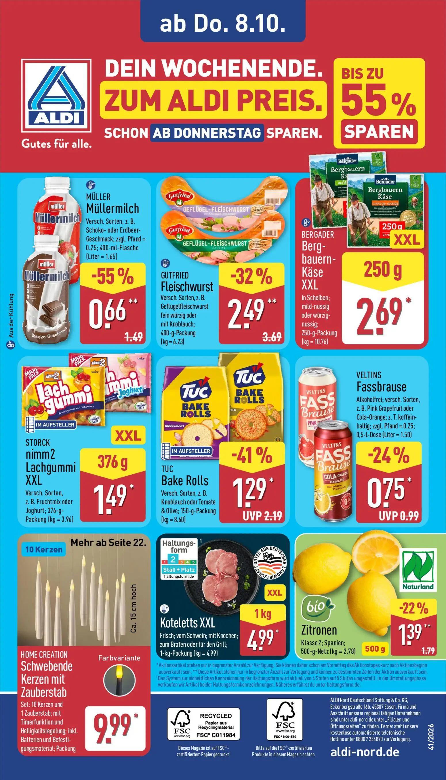 Aldi Nord Prospekt, Seite 34 von 45 — GUTFRIED Fleischwurst, TUC Bake Rolls, Müllermilch