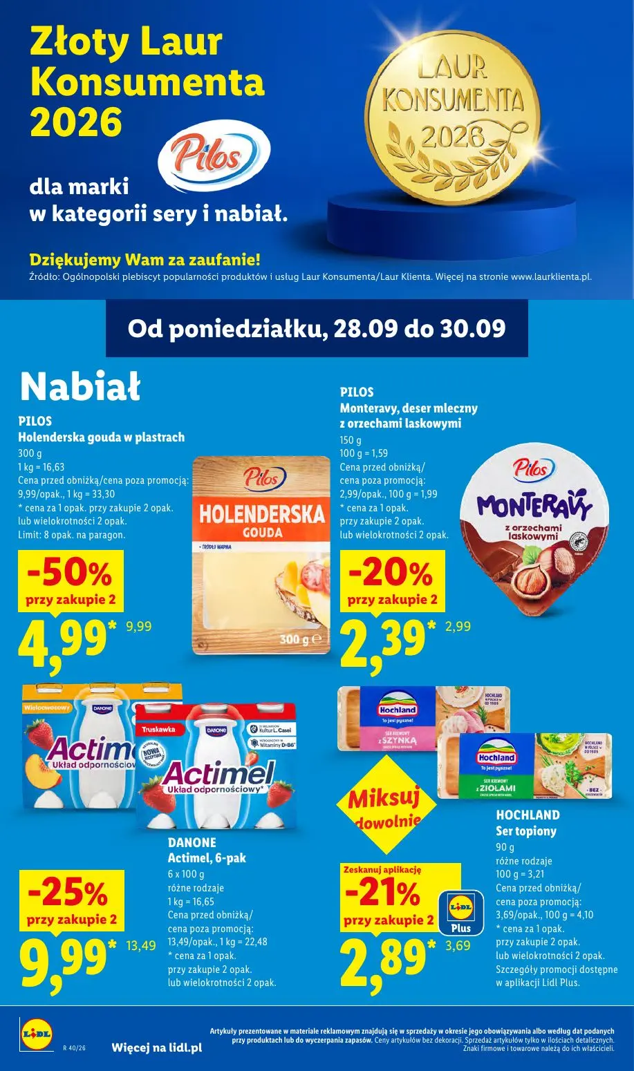 Lidl gazetka, strona 60 z 101 — PILOS Holenderska gouda w plastrach, DANONE Actimel, 6-pak, HOCHLAND Ser topiony