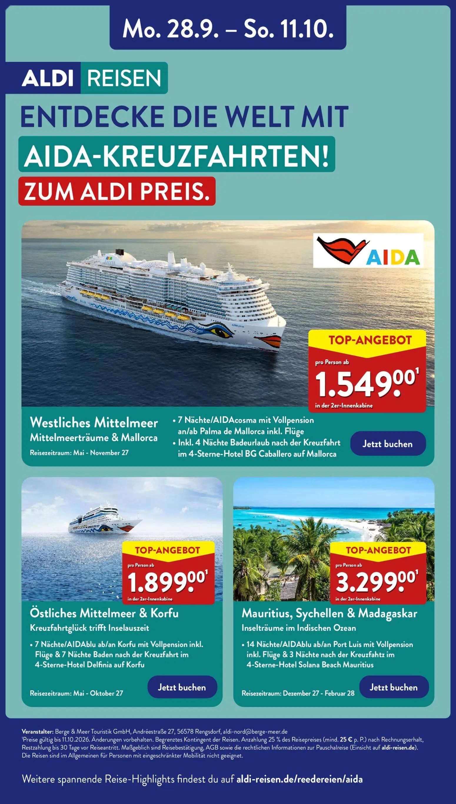 Aldi Nord Prospekt, Seite 42 von 45 — Westliches Mittelmeer Mittelmeerträume & Mallorca, Östliches Mittelmeer & Korfu, Mauri…