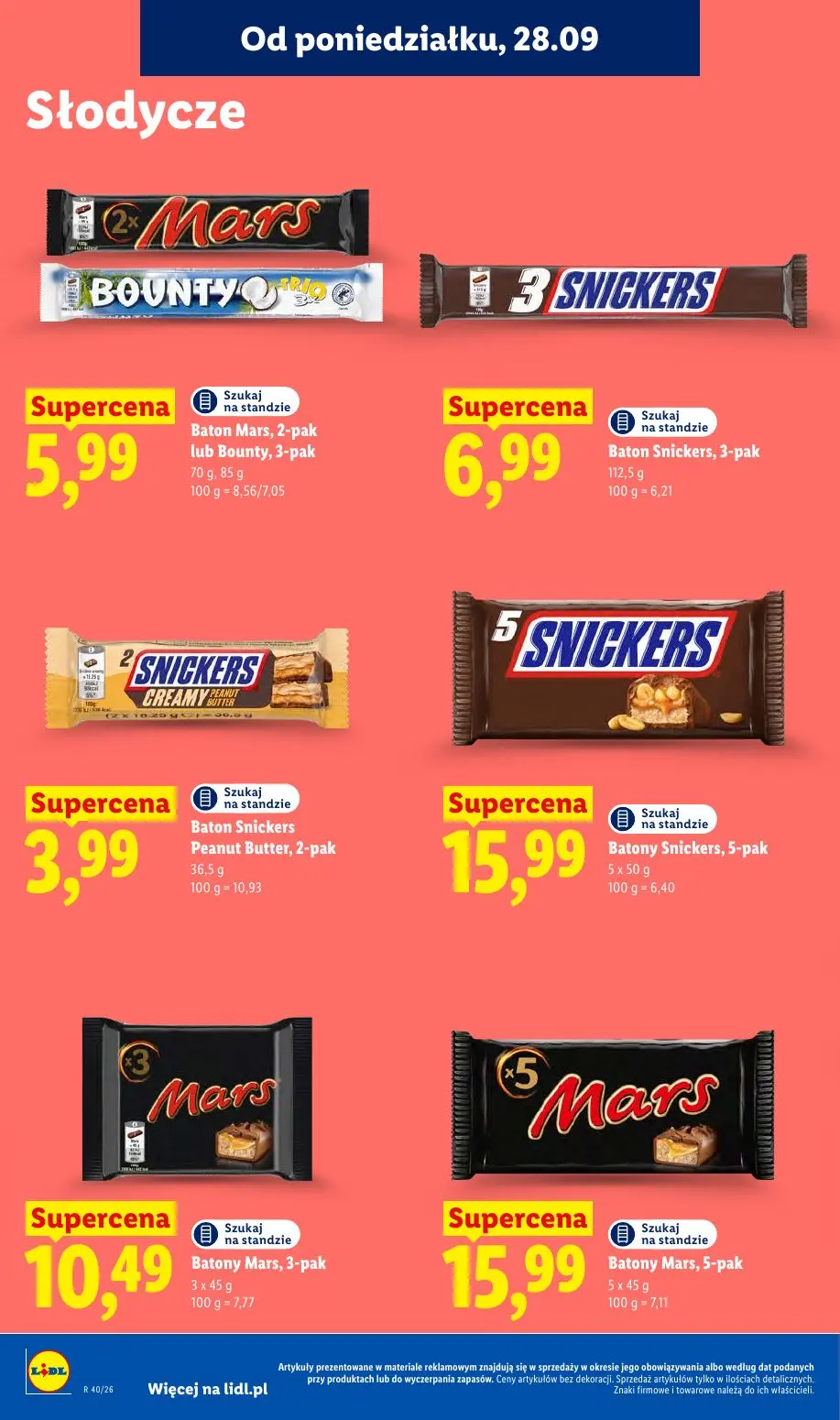 Lidl gazetka, strona 70 z 101 — Baton Mars, 2-pak lub Bounty, 3-pak, Baton Snickers, 3-pak, Baton Snickers Peanut Butter, 2-…