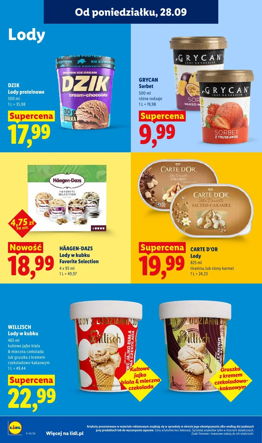 Lidl gazetka, strona 84 z 101 — DZIK Lody proteinowe, GRYCAN Sorbet, HÄAGEN-DAZS Lody w kubku Favorite Selection