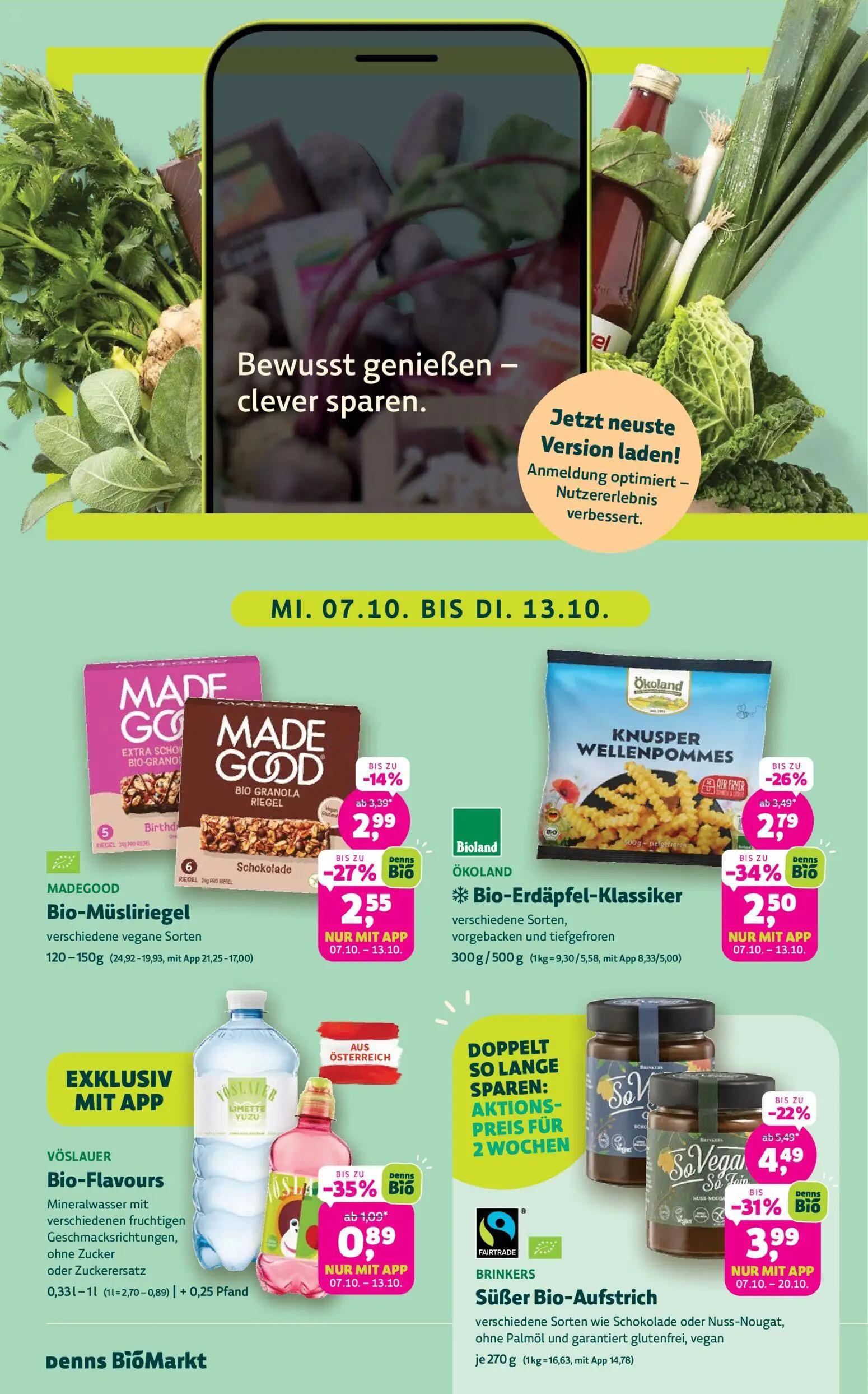 Denns BioMarkt Prospekt, Seite 2 von 14 — BRINKERS Süßer Bio-Aufstrich, ÖKOLAND Bio-Erdäpfel-Klassiker, MADEGOOD Bio-Müsliri…