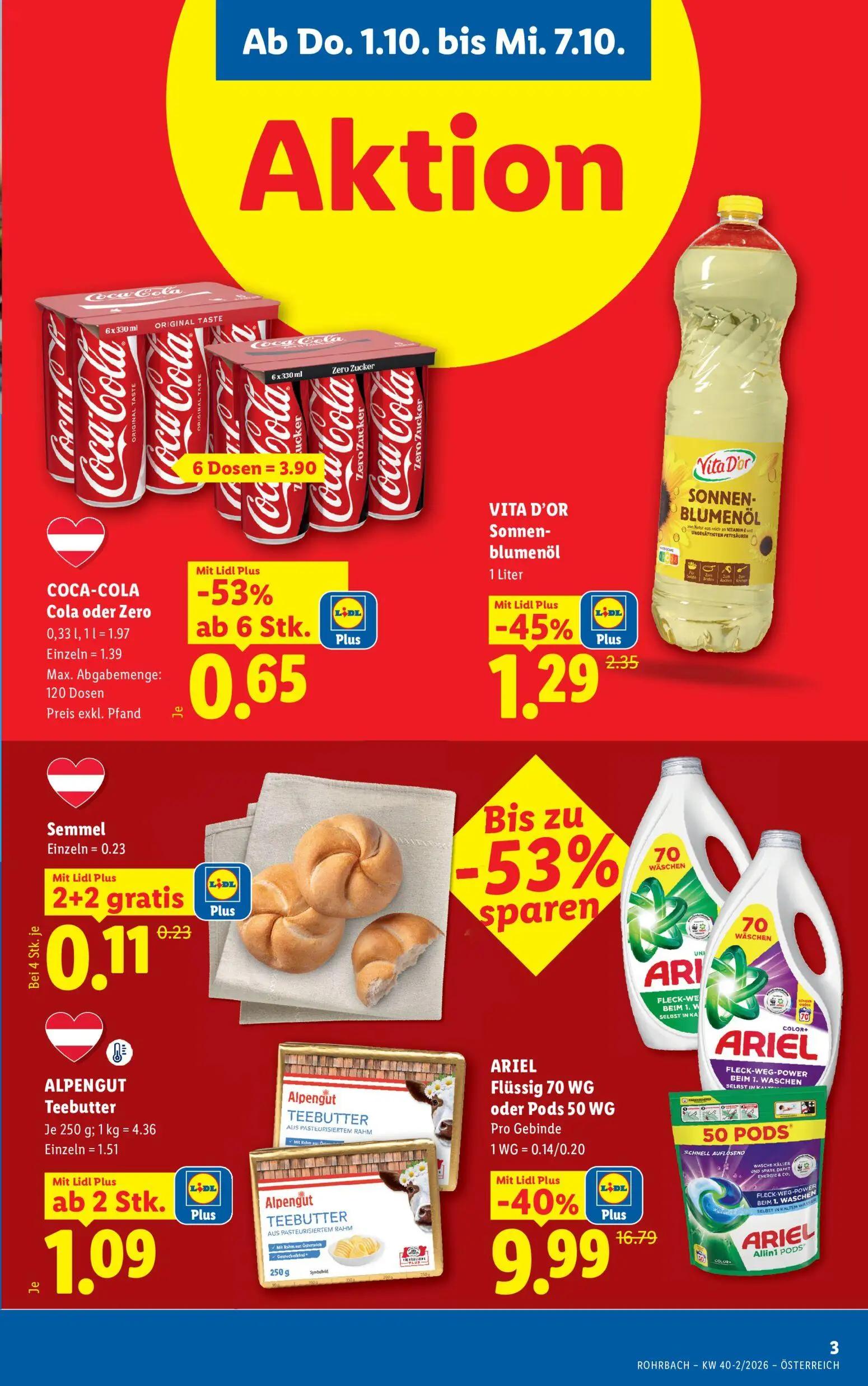 Lidl Prospekt, Seite 3 von 8 — ARIEL Flüssig 70 WG oder Pods 50 WG, VITA D'OR Sonnen-blumenöl, COCA-COLA Cola oder Zero