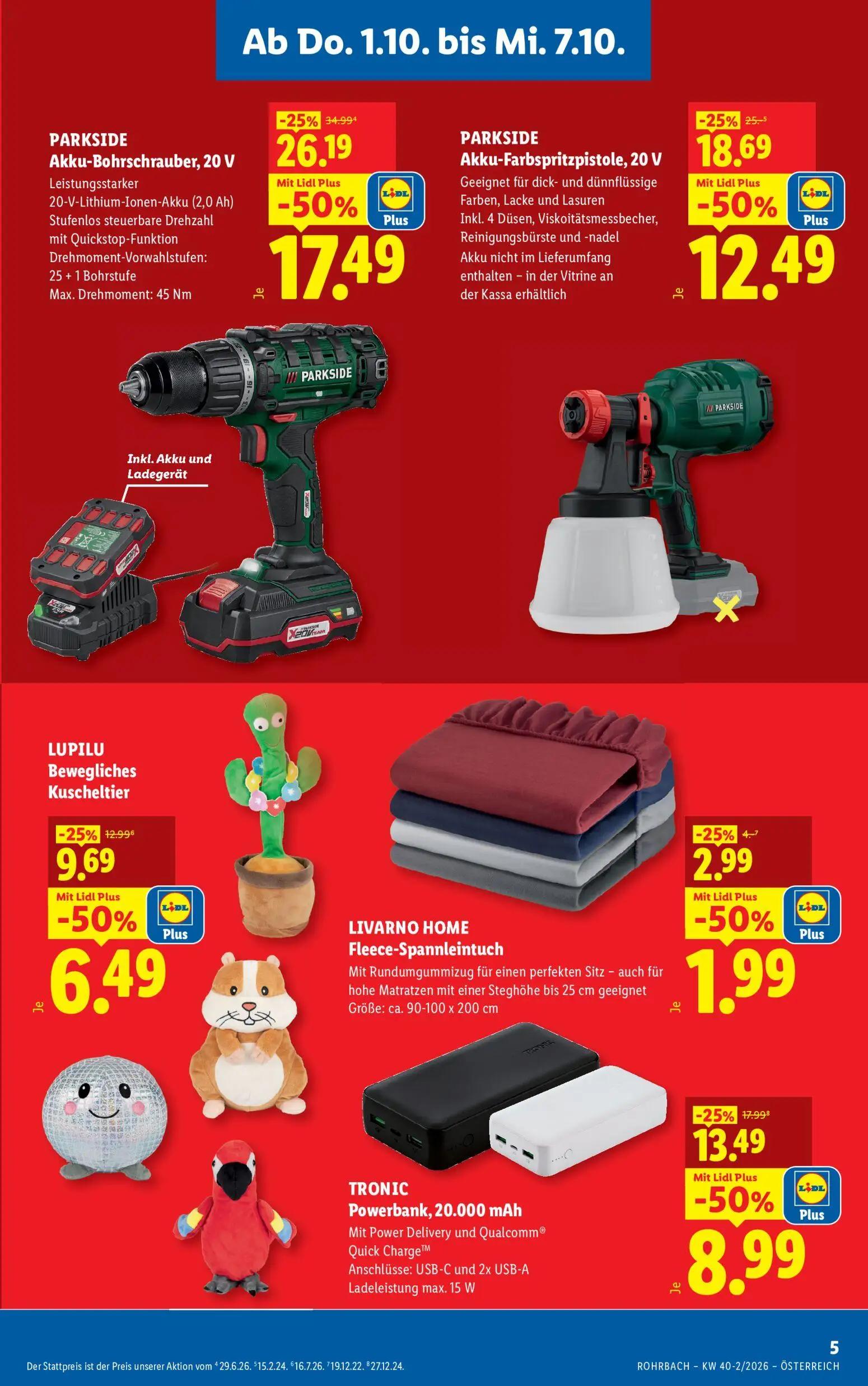 Lidl Prospekt, Seite 5 von 8 — PARKSIDE Akku-Bohrschrauber, 20 V Leistungsstarker 20-V-Lithium-Ionen-Akku (2,0 Ah) Stufenlos…