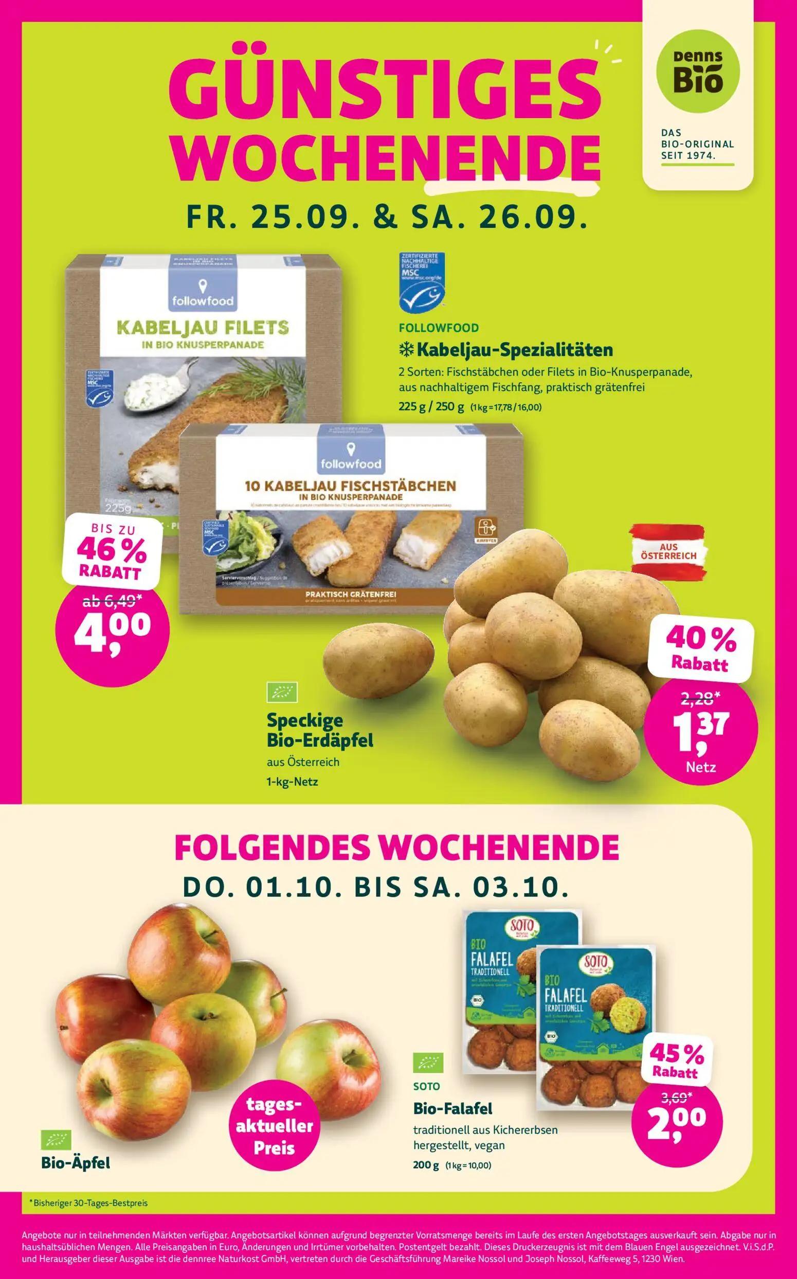 Denns BioMarkt Prospekt, Seite 4 von 14 — Kabeljau-Spezialitäten, Bio-Falafel, Speckige Bio-Erdäpfel