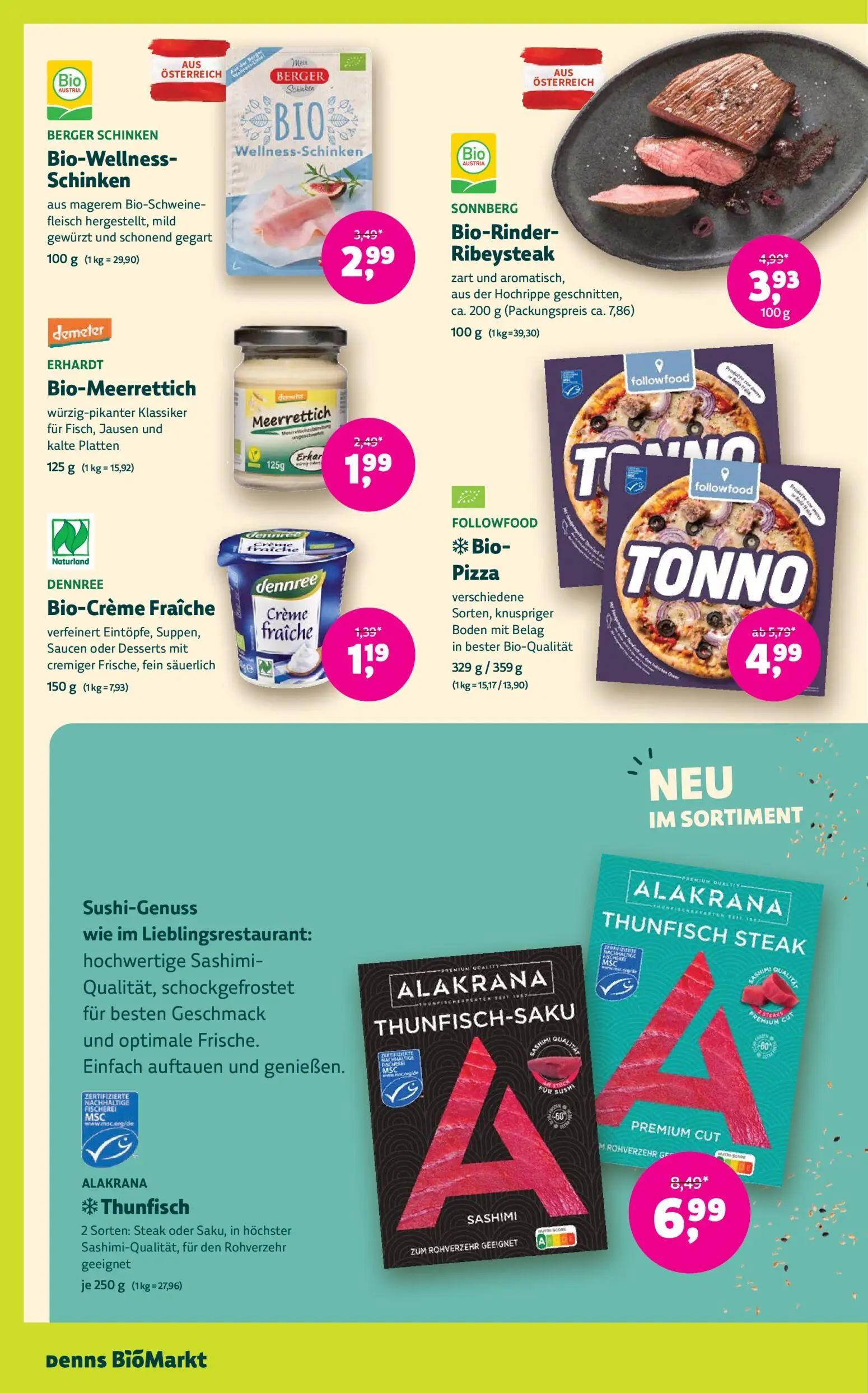 Denns BioMarkt Prospekt, Seite 8 von 14 — Thunfisch, Bio-Rinder- Ribeysteak, Bio-Pizza