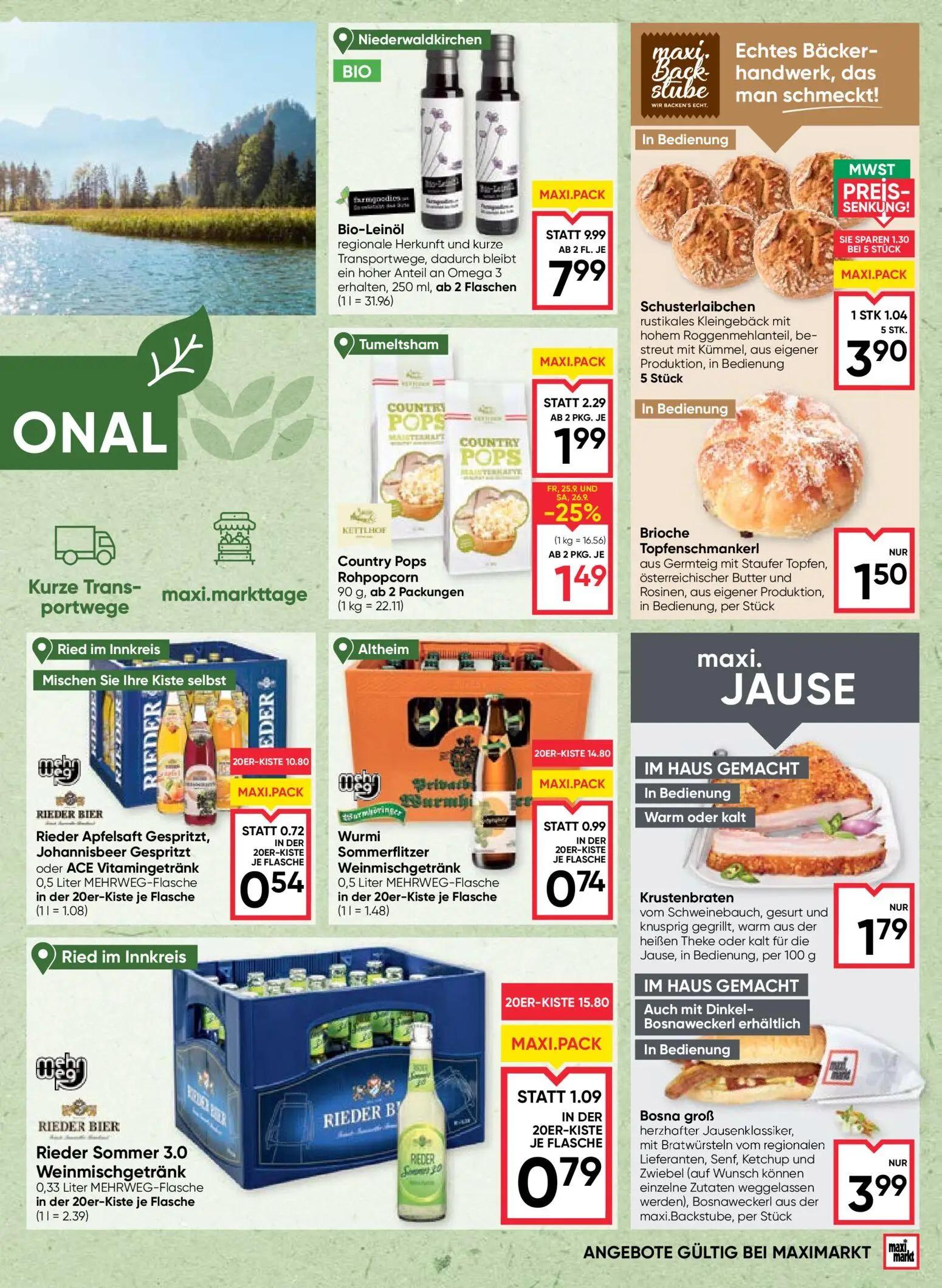 Maximarkt Prospekt, Seite 9 von 28 — Bio-Leinöl, Country Pops Rohpopcorn, Rieder Sommer 3.0 Weinmischgetränk