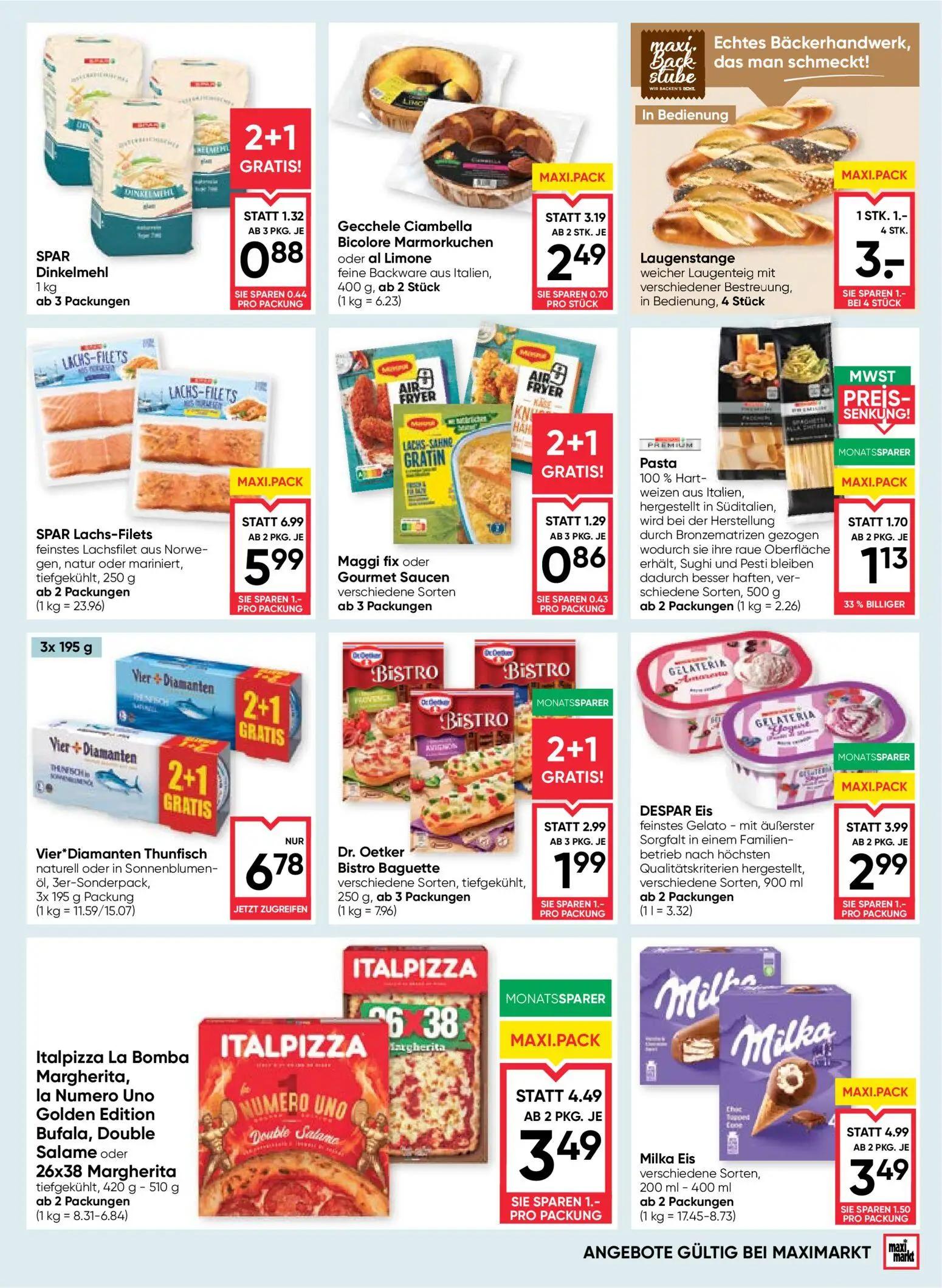 Maximarkt Prospekt, Seite 11 von 28 — Milka Eis verschiedene Sorten, SPAR Lachs-Filets feinstes Lachsfilet aus Norwegen, nat…