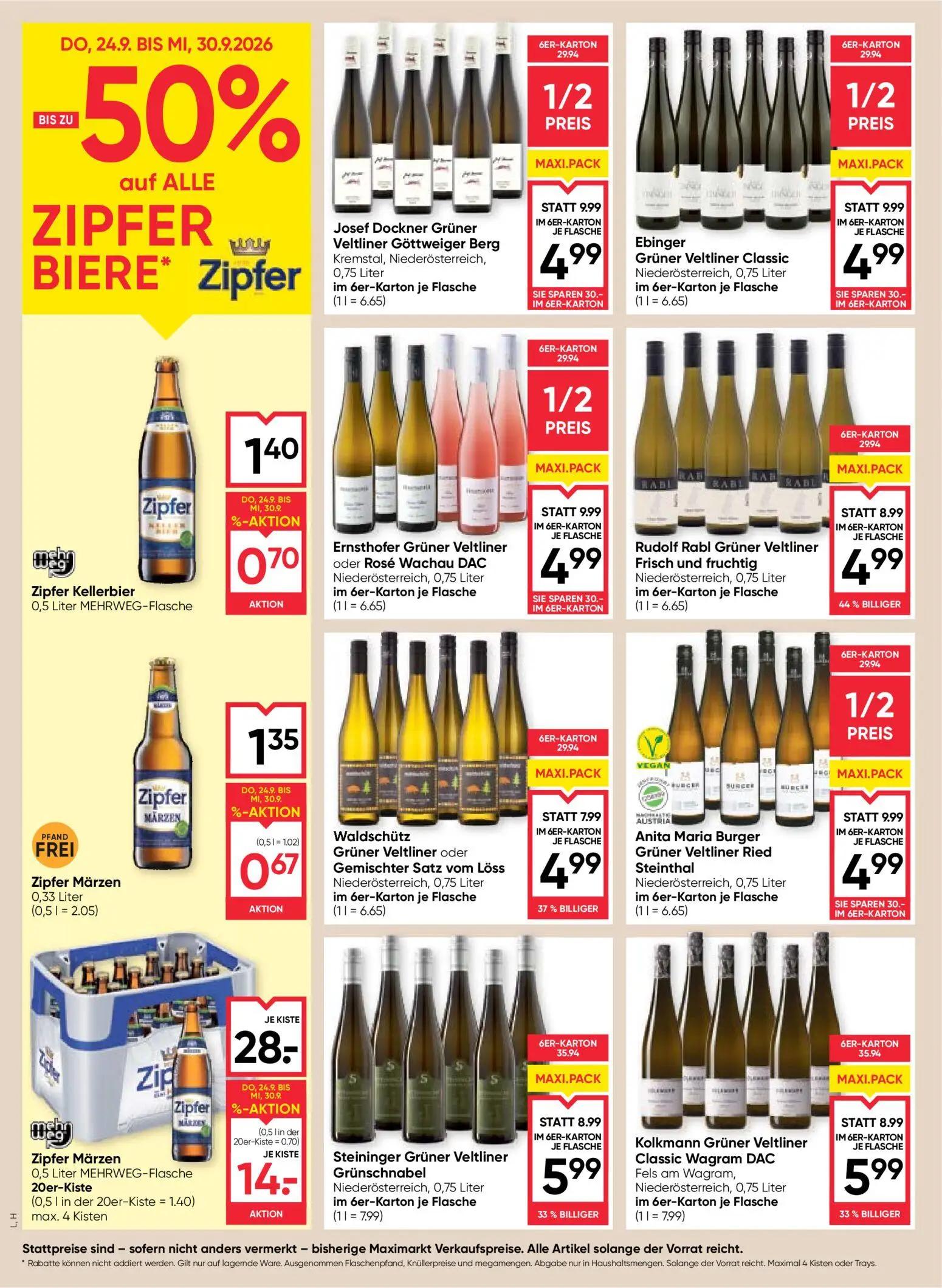 Maximarkt Prospekt, Seite 14 von 28 — Zipfer Märzen 20er-Kiste, Josef Dockner Grüner Veltliner Göttweiger Berg, Ebinger Grün…
