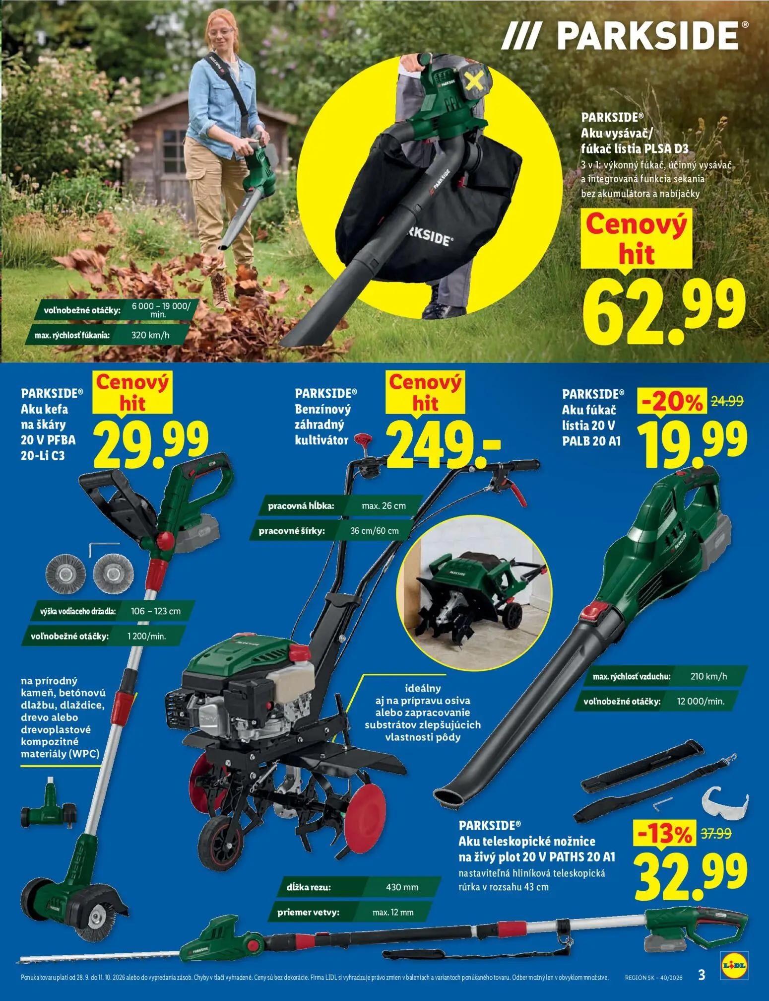 Lidl leták, strana 3 z 8 — PARKSIDE® Aku fúkač lístia 20 V PALB 20 A1, PARKSIDE® Aku teleskopické nožnice na živý plot 20 V …