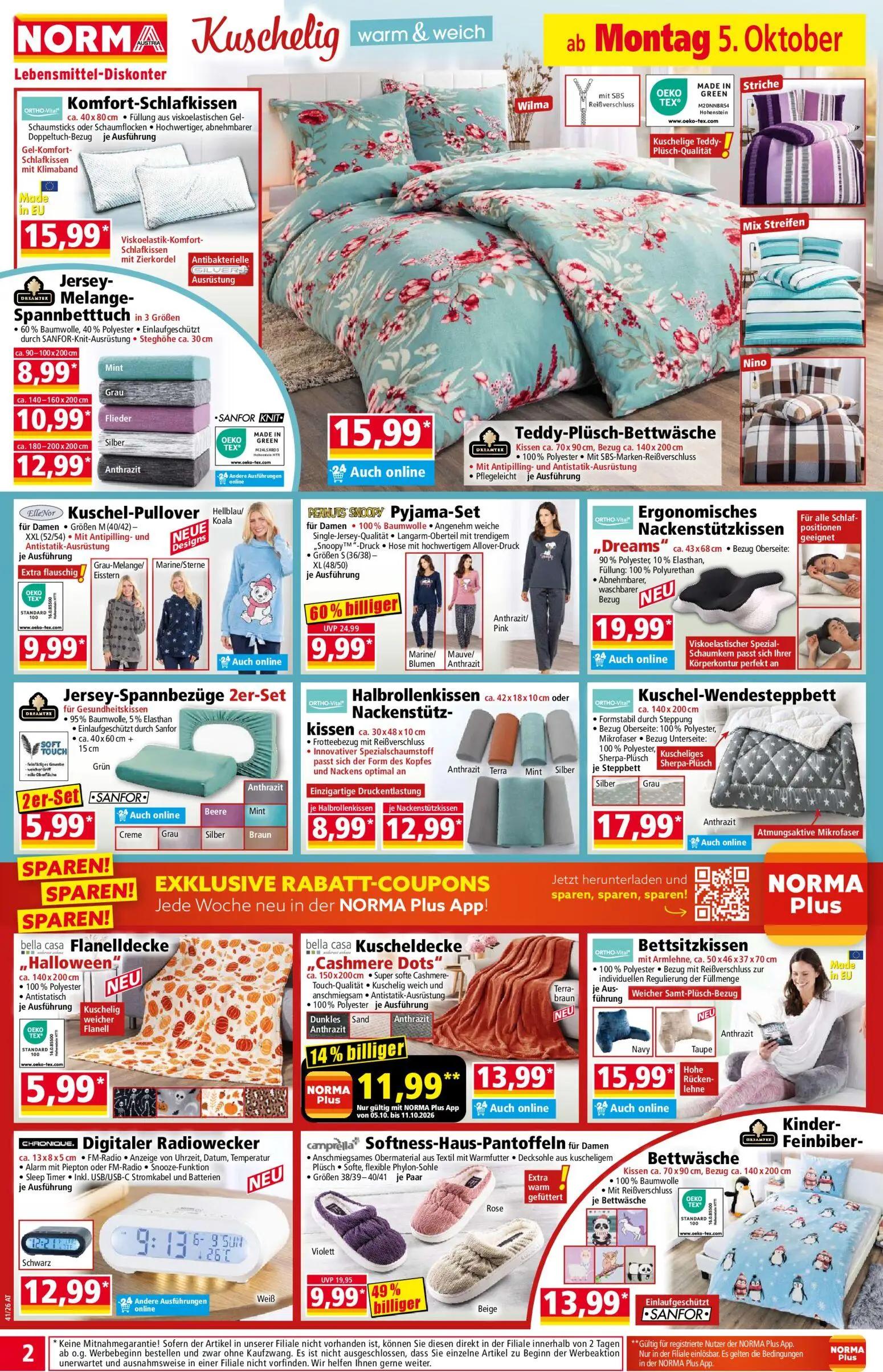 Norma Prospekt, Seite 2 von 20 — Pyjama-Set, camprèlla Softness-Haus-Pantoffeln, bella casa Kuscheldecke „Cashmere Dots"