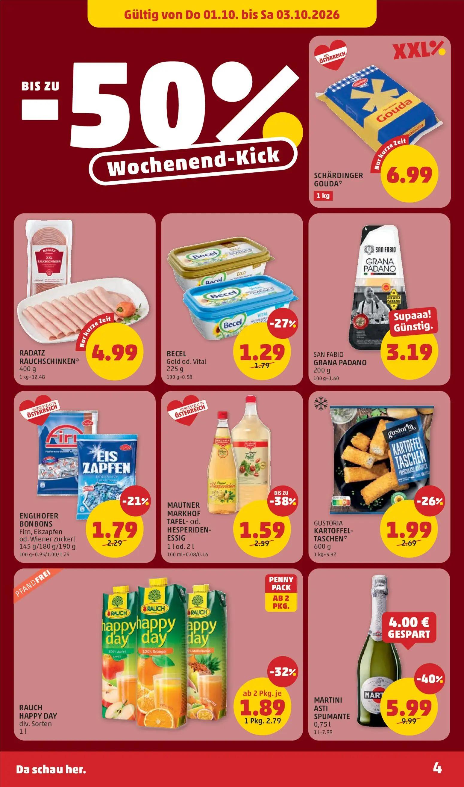 PENNY Prospekt, Seite 4 von 32 — MARTINI ASTI SPUMANTE, MAUTNER MARKHOF TAFEL-od. HESPERIDEN-ESSIG, RAUCH HAPPY DAY div. Sor…