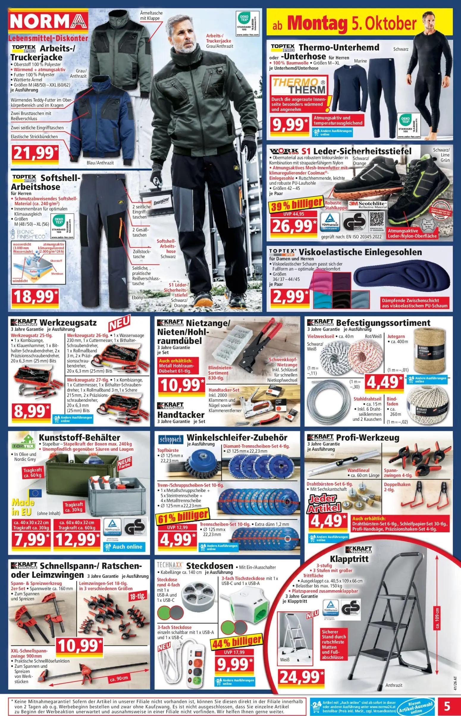 Norma Prospekt, Seite 5 von 20 — WORK S1 Leder-Sicherheitsstiefel, Scheppach Winkelschleifer-Zubehör, TECHNAXX Steckdosen