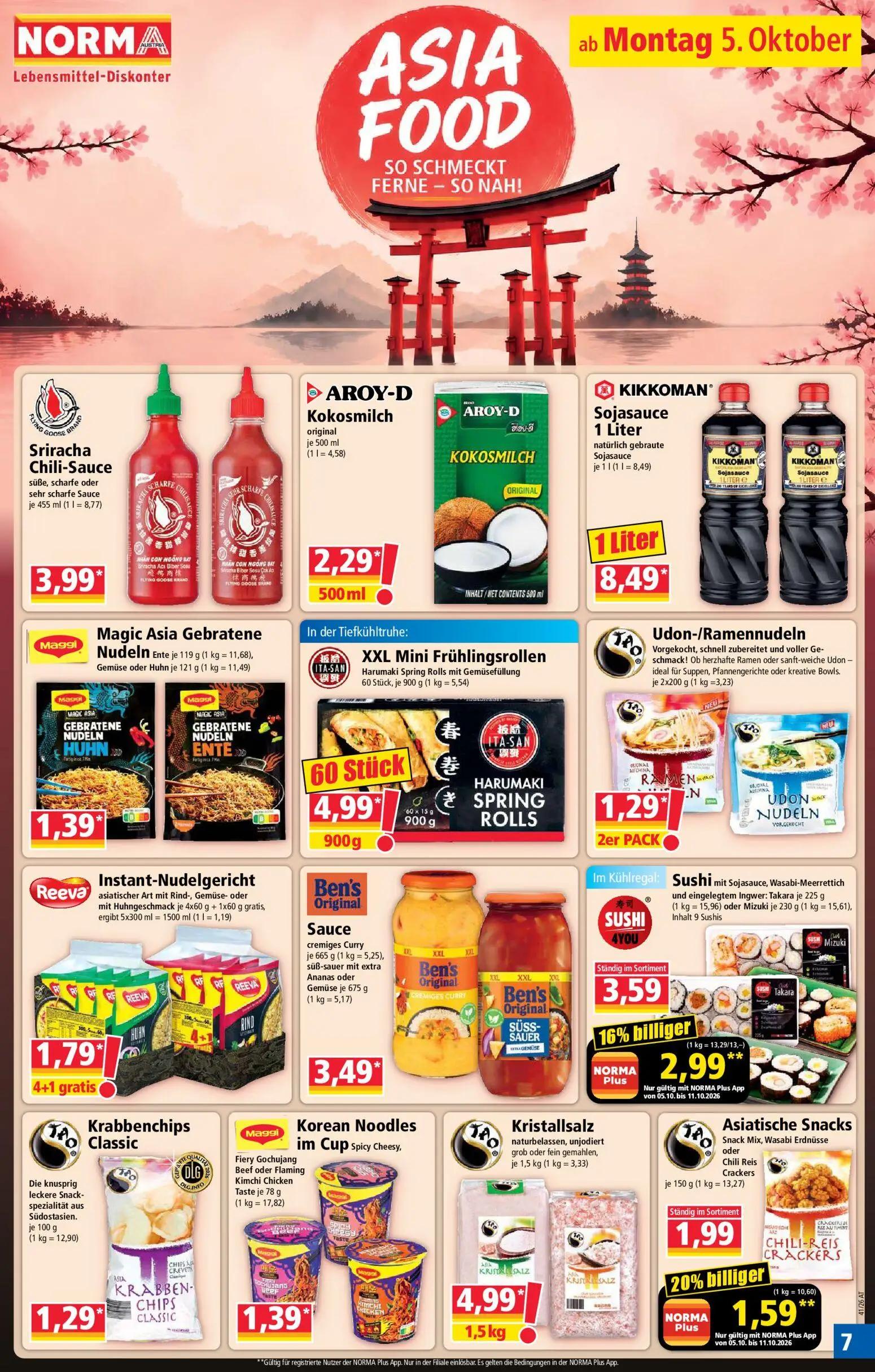 Norma Prospekt, Seite 7 von 20 — Sushi mit Sojasauce, Wasabi-Meerrettich und eingelegtem Ingwer: Takara, Sushi mit Sojasauce…