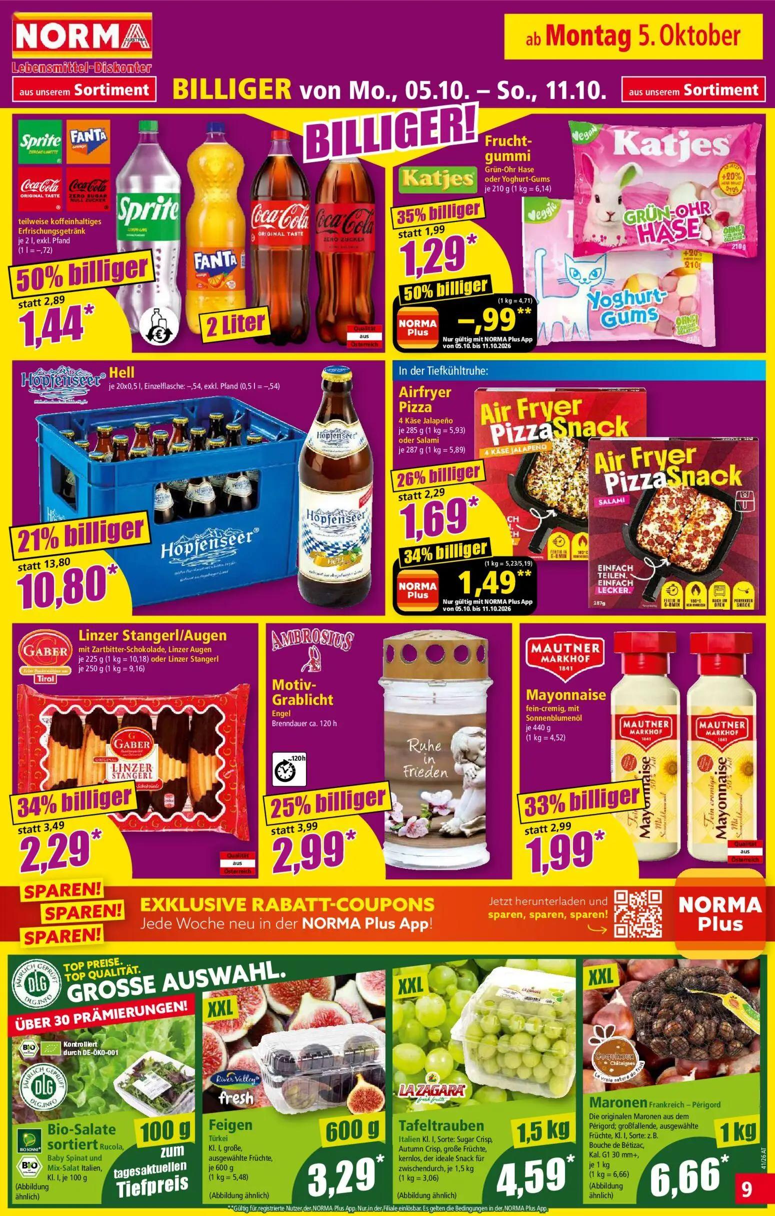 Norma Prospekt, Seite 9 von 20 — Hopfenseer Hell, teilweise koffeinhaltiges Erfrischungsgetränk Sprite Fanta Coca-Cola Coca-…