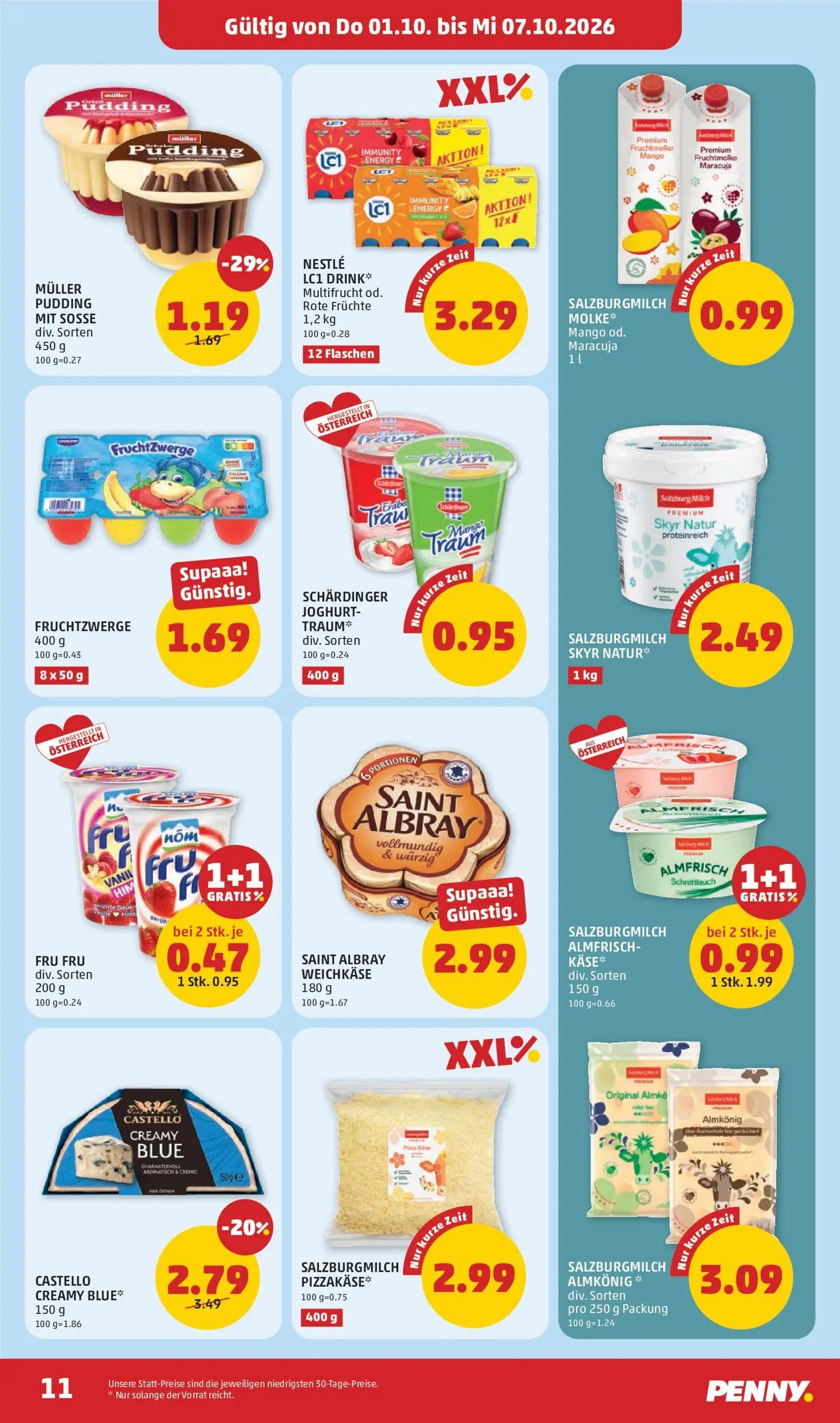 PENNY Prospekt, Seite 11 von 32 — SALZBURGMILCH ALMFRISCH-KÄSE, CASTELLO CREAMY BLUE, MÜLLER PUDDING MIT SOSSE