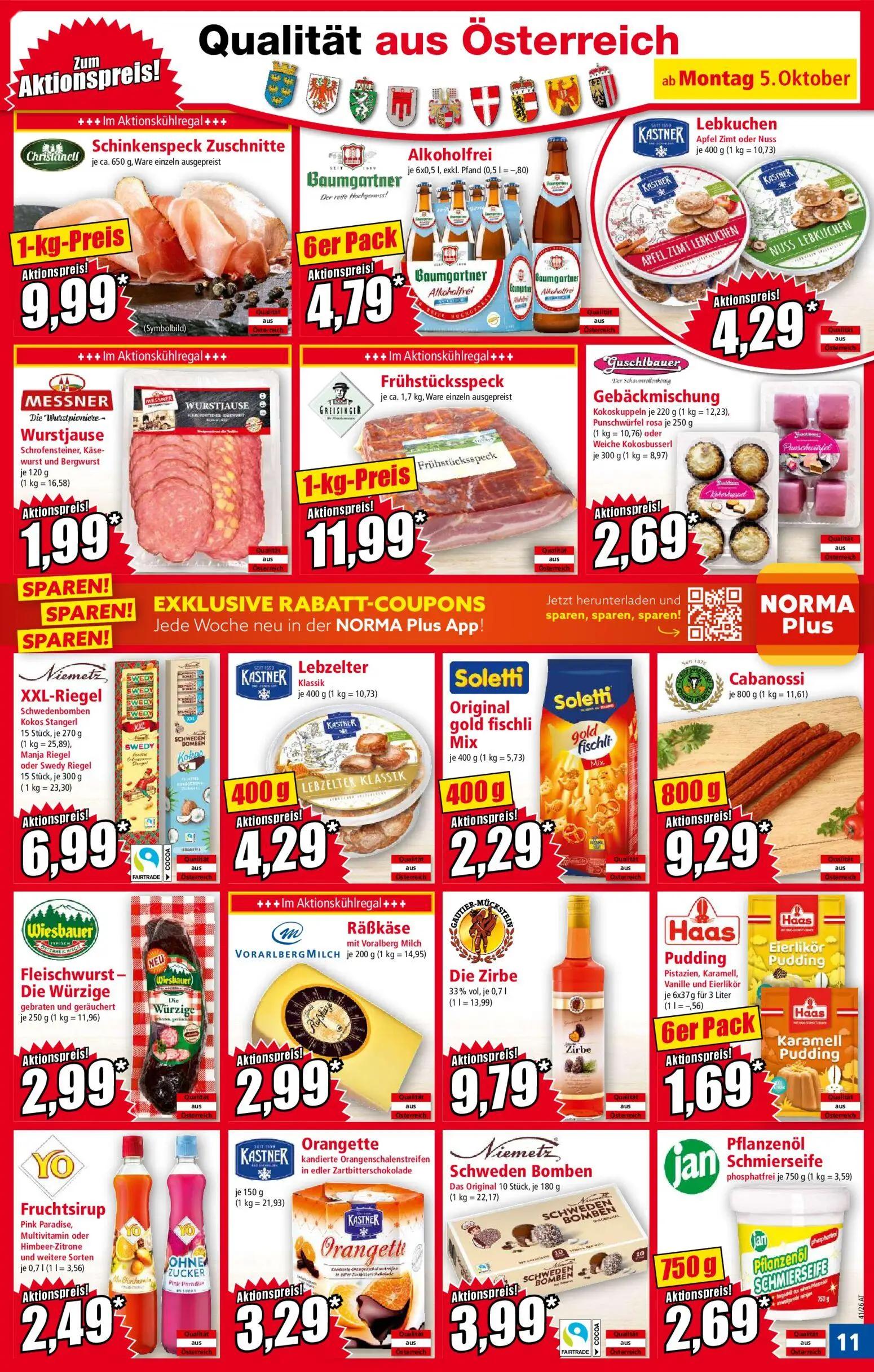 Norma Prospekt, Seite 11 von 20 — Schinkenspeck Zuschnitte, Baumgartner Alkoholfrei, Lebkuchen