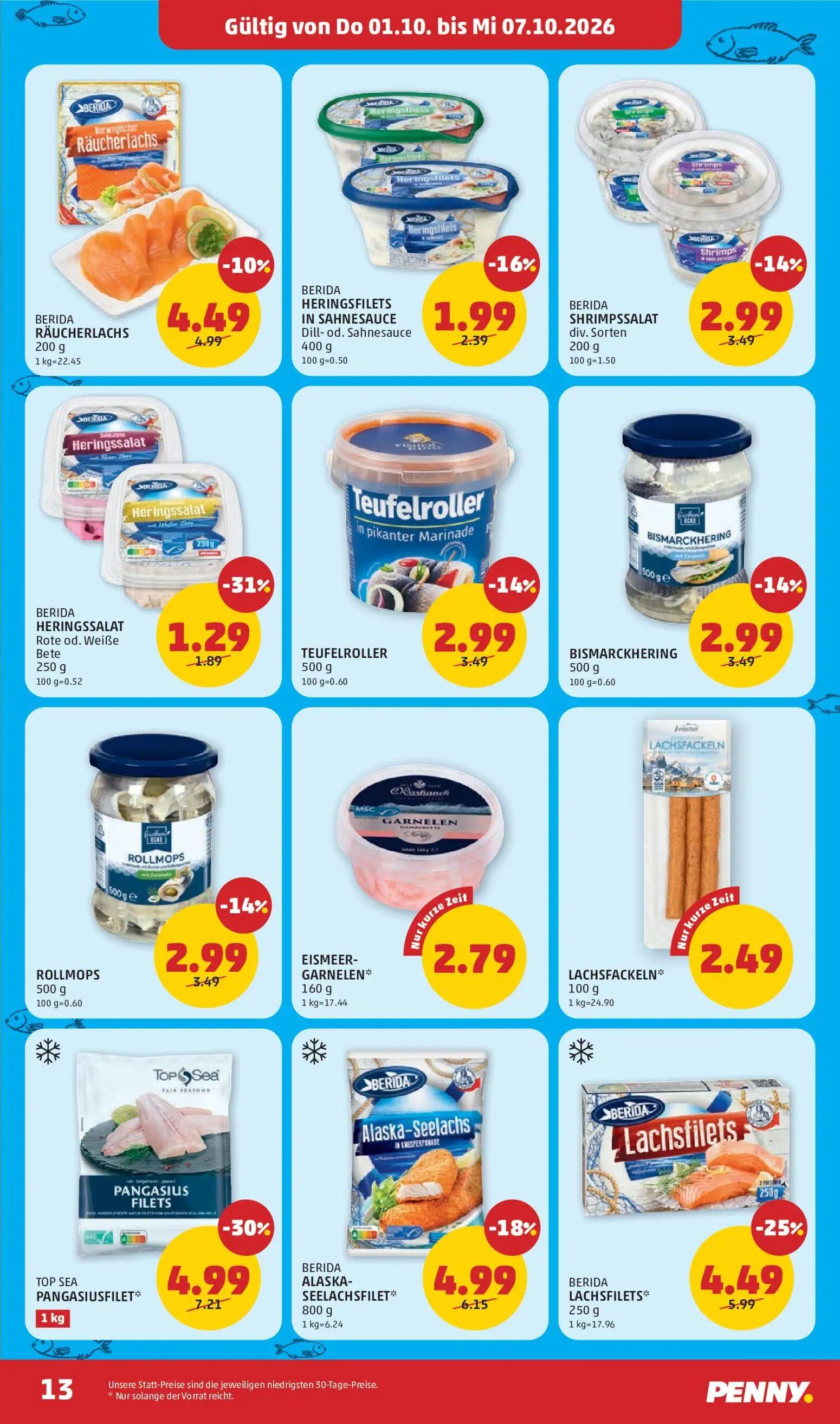 PENNY Prospekt, Seite 13 von 32 — TOP SEA PANGASIUSFILET, BERIDA LACHSFILETS, BERIDA ALASKA-SEELACHSFILET