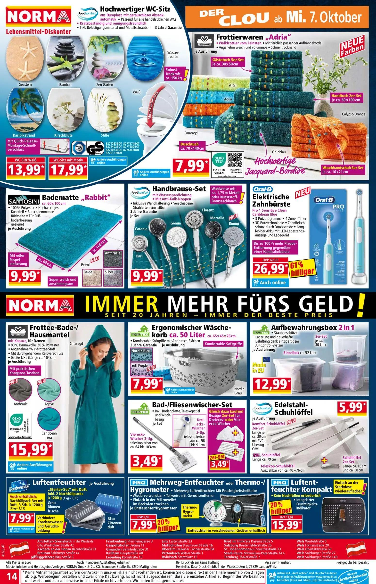 Norma Prospekt, Seite 14 von 20 — Elektrische Zahnbürste Pro 1 Sensitive Clean Caribbean Blue, Luftentfeuchter Kompakt, Mehr…