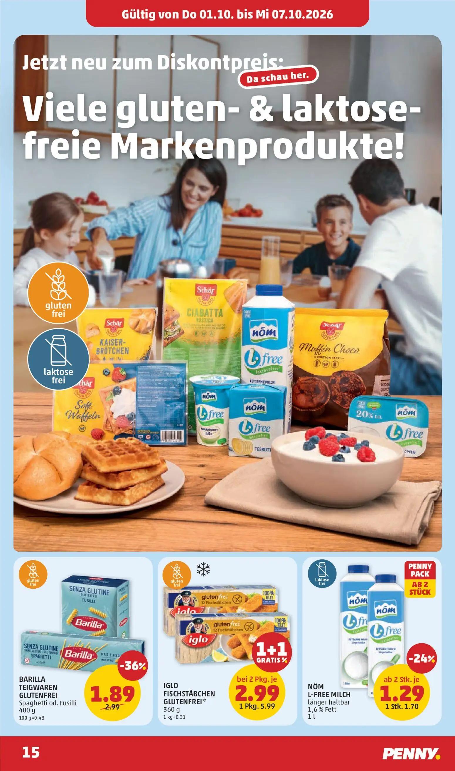 PENNY Prospekt, Seite 15 von 32 — IGLO FISCHSTÄBCHEN GLUTENFREI*, BARILLA TEIGWAREN GLUTENFREI Spaghetti od. Fusilli, NÖM L-…