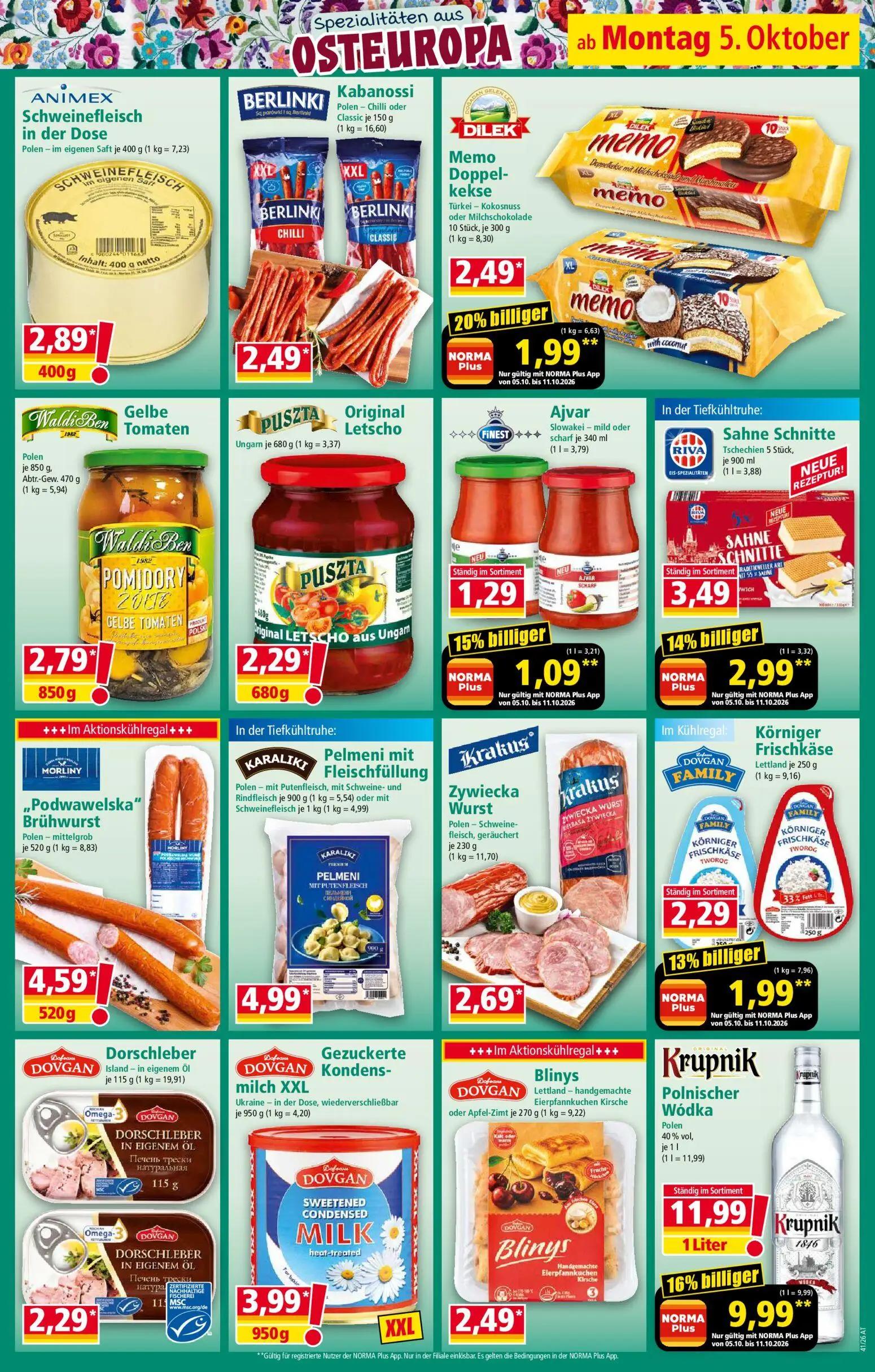 Norma Prospekt, Seite 16 von 20 — Krupnik Polnischer Wódka, Memo Doppel-kekse Türkei - Kokosnuss oder Milchschokolade, Sahne…