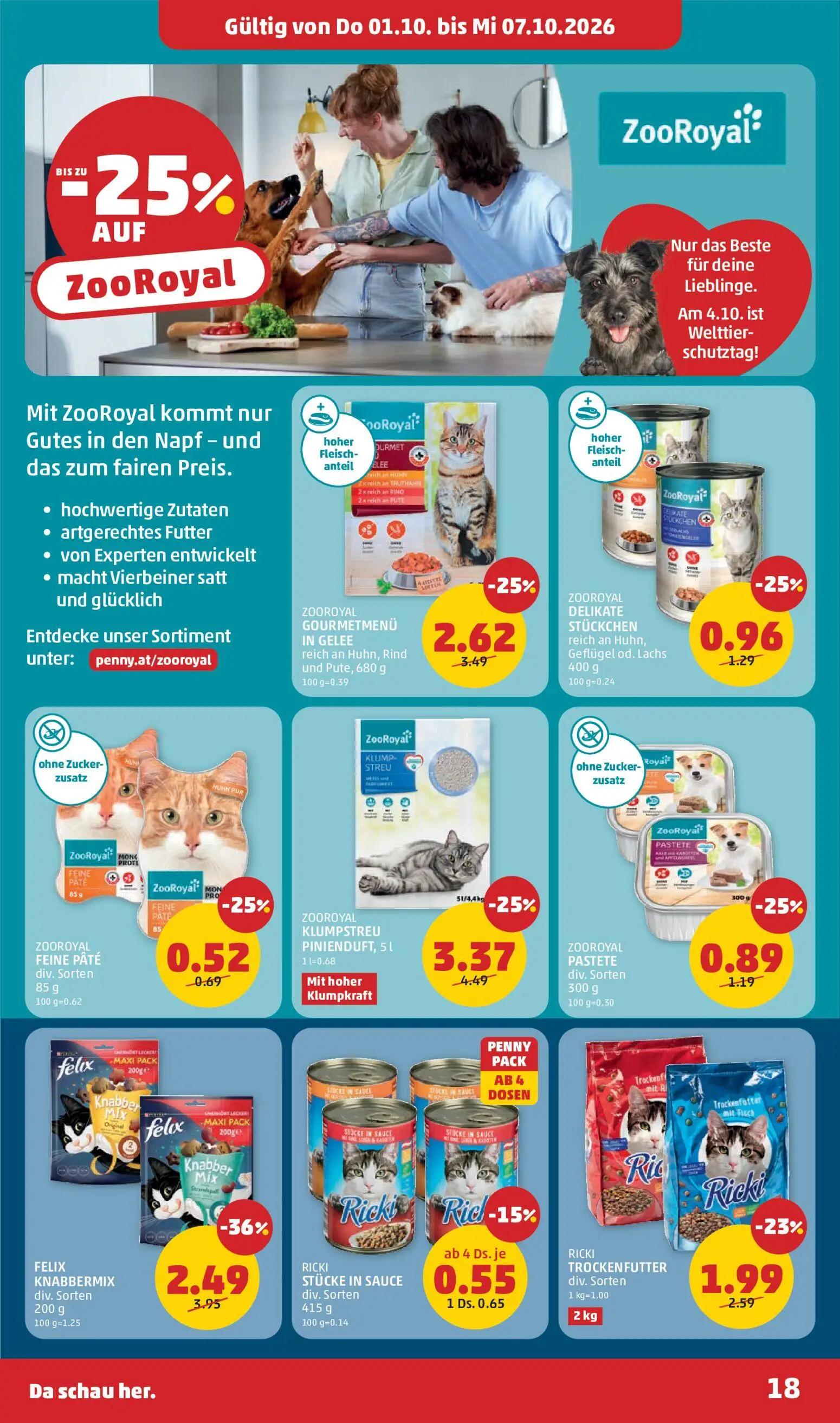 PENNY Prospekt, Seite 18 von 32 — FELIX KNABBERMIX div. Sorten, ZOOROYAL KLUMPSTREU PINIENDUFT, ZOOROYAL GOURMETMENÜ IN GELE…