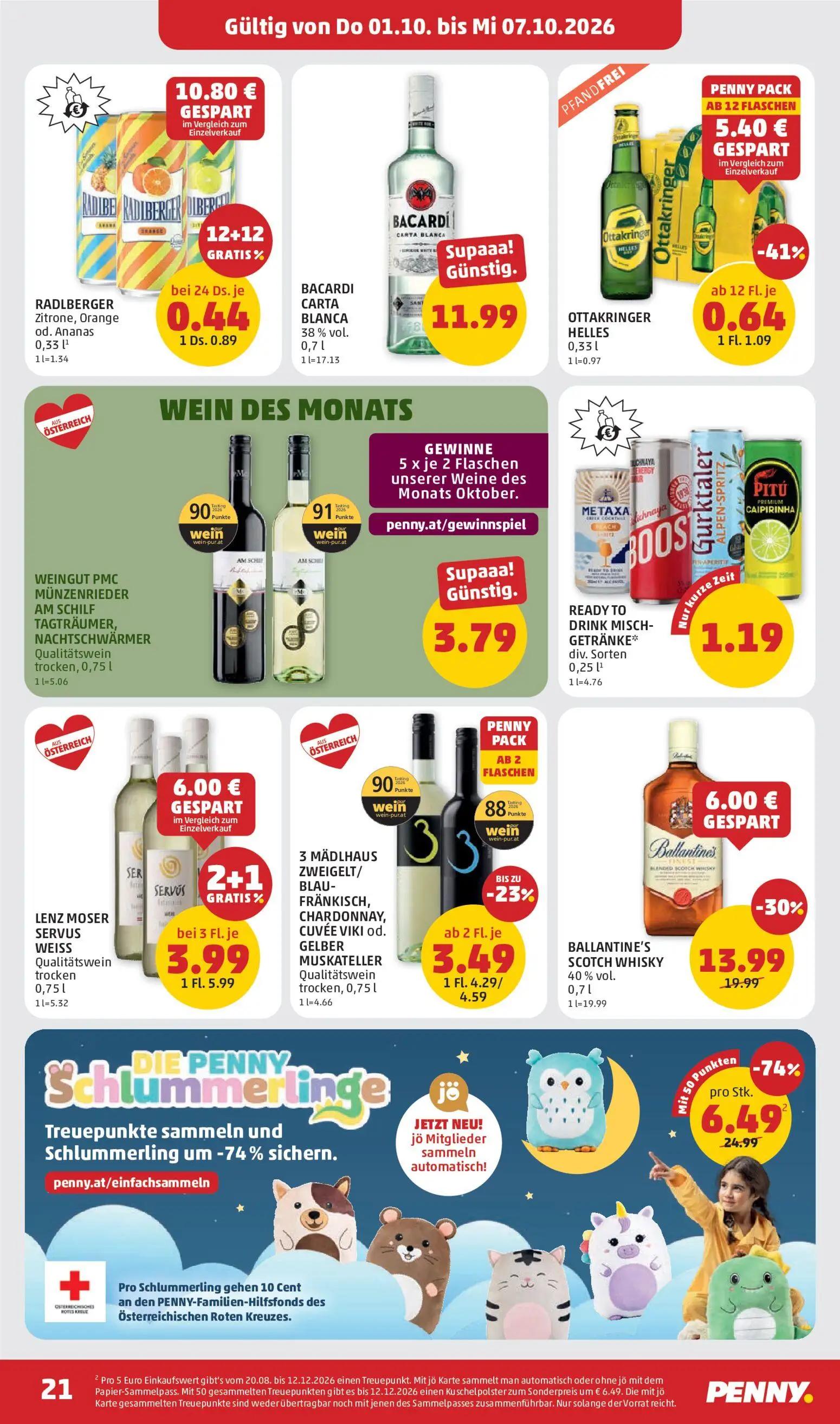 PENNY Prospekt, Seite 21 von 32 — BALLANTINE'S SCOTCH WHISKY, LENZ MOSER SERVUS WEISS Qualitätswein trocken, 3 MÄDLHAUS ZWEI…