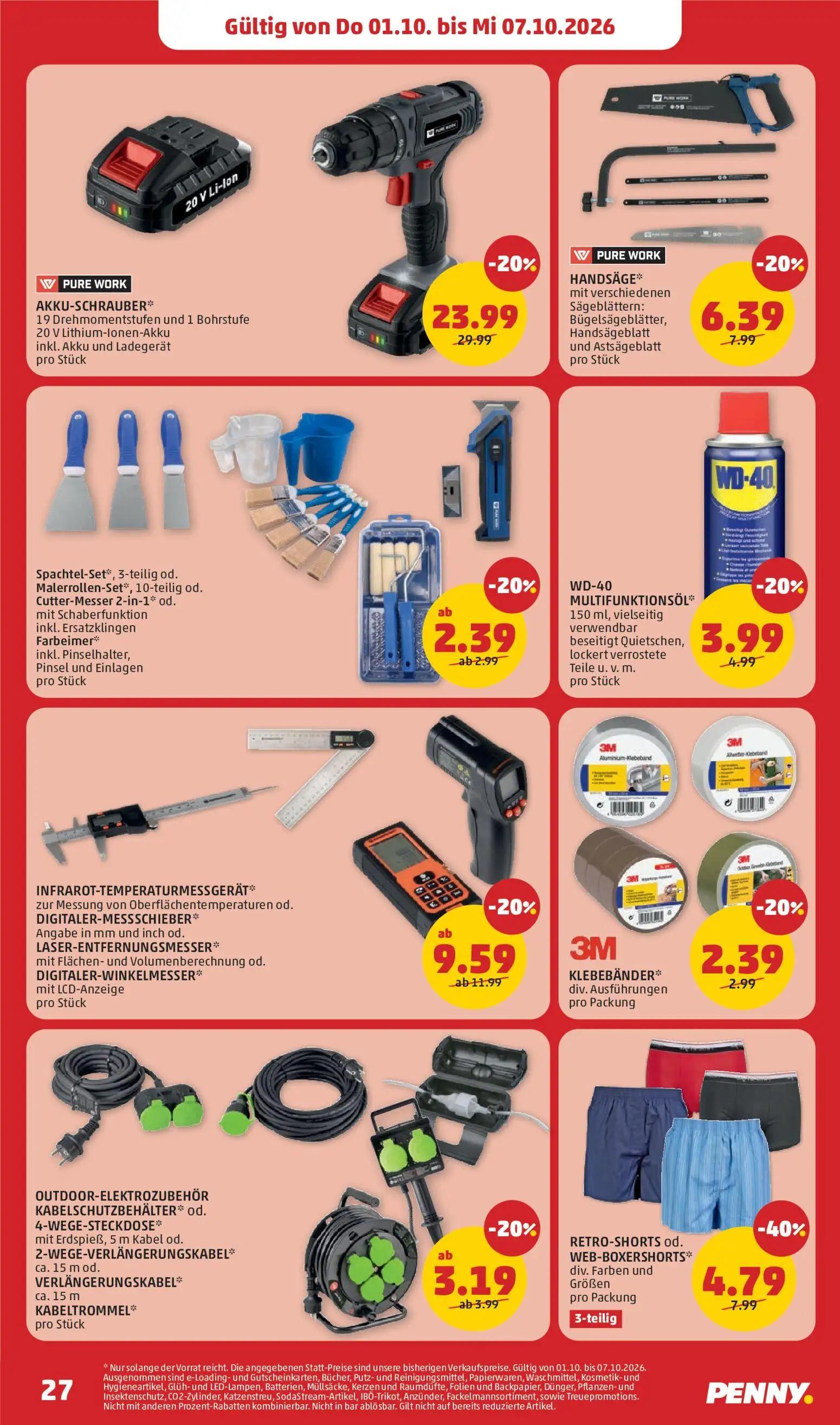 PENNY Prospekt, Seite 27 von 32 — AKKU-SCHRAUBER, RETRO-SHORTS od. WEB-BOXERSHORTS div. Farben und Größen 3-teilig, INFRAROT…