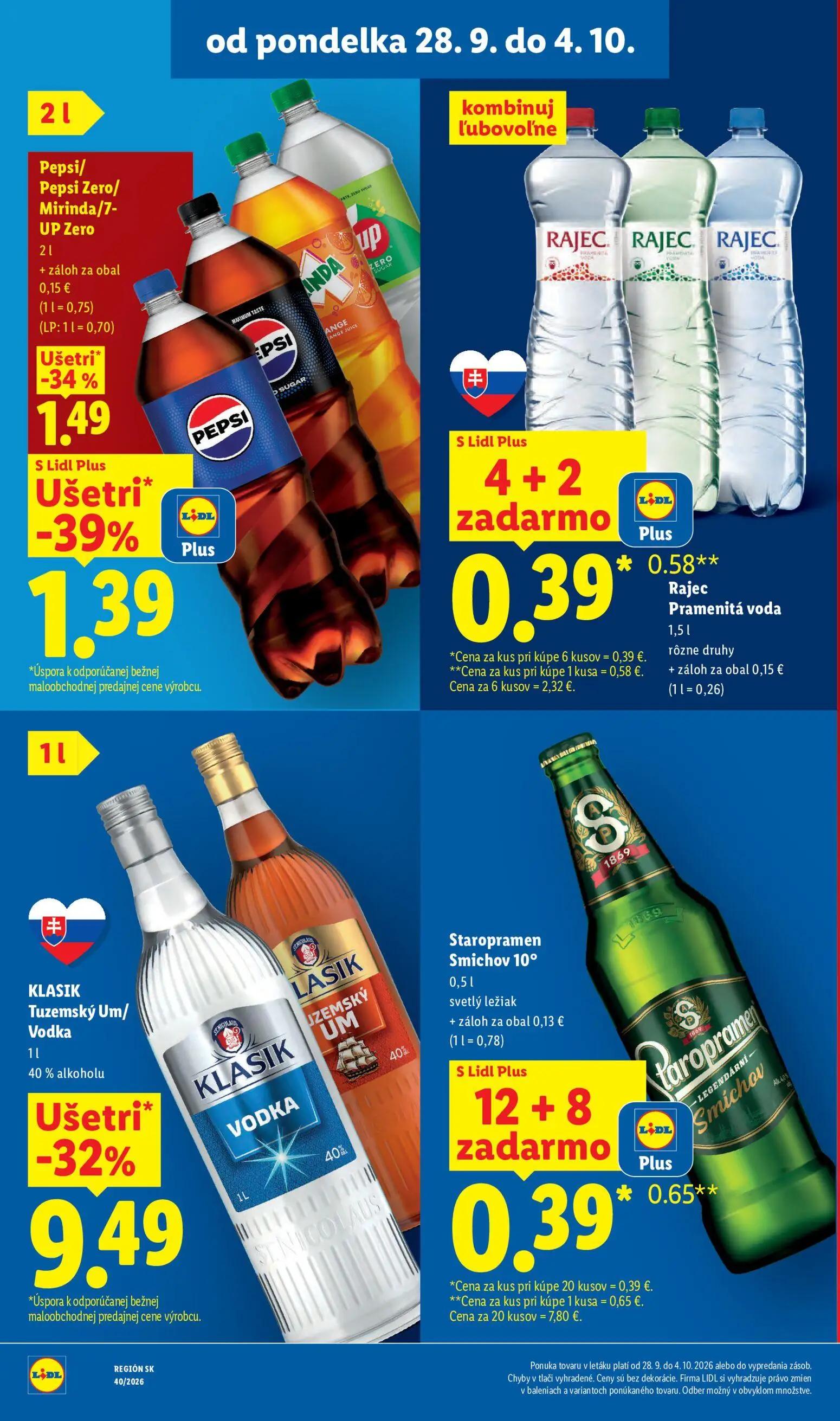 Lidl leták, strana 22 z 100 — KLASIK Tuzemský Um/Vodka, Staropramen Smichov 10°, Rajec Pramenitá voda