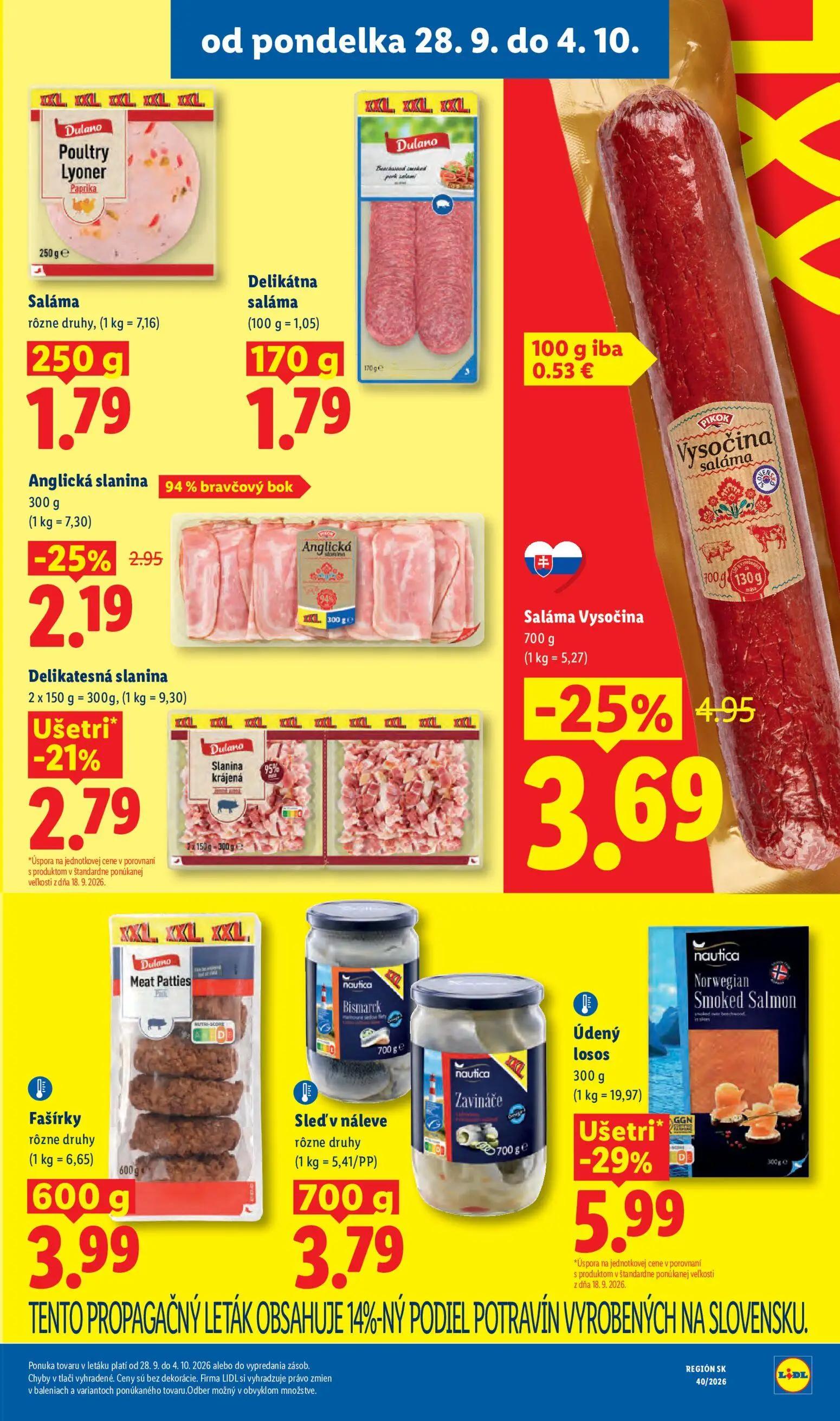 Lidl leták, strana 25 z 100 — Údený losos, Saláma Vysočina, Anglická slanina