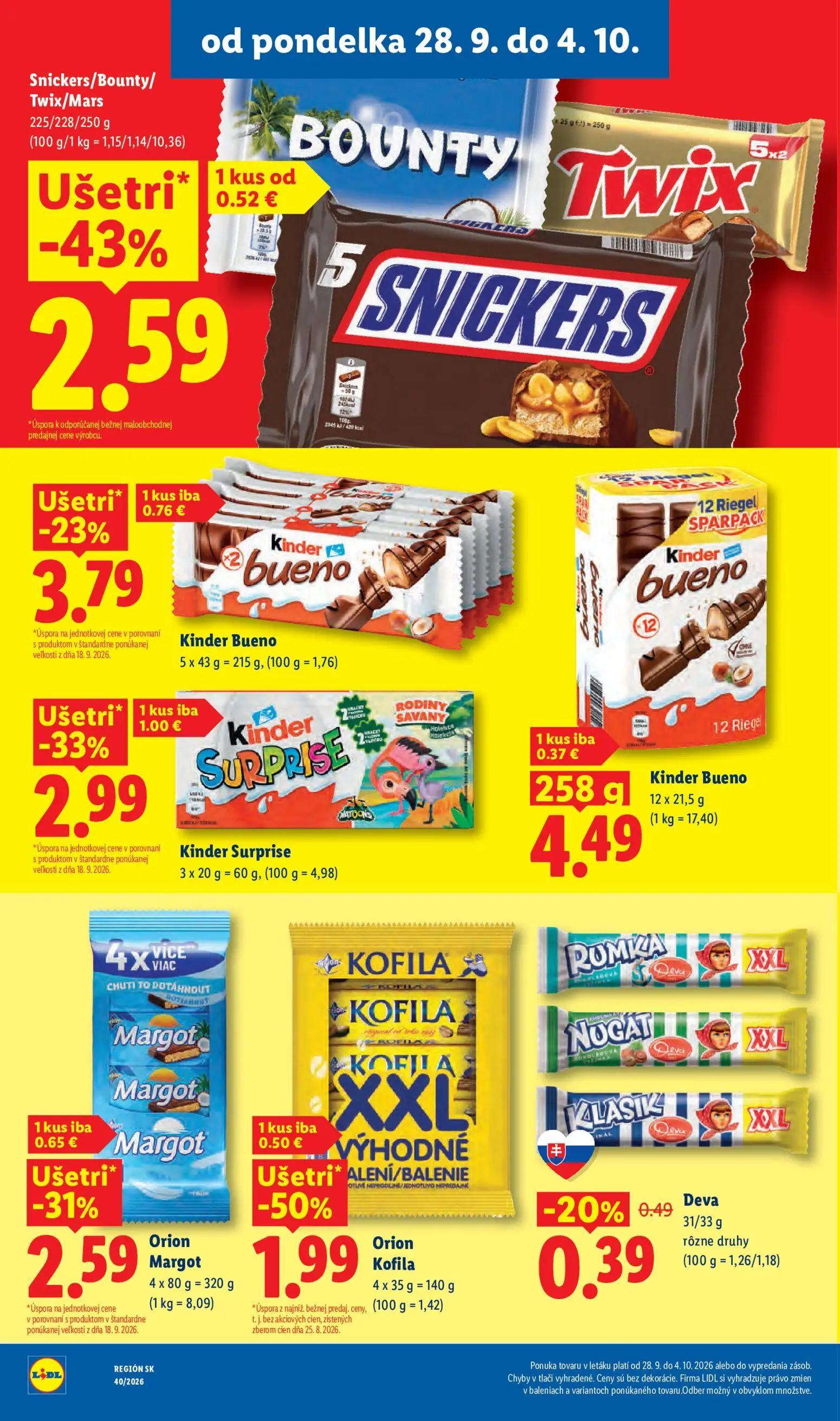 Lidl leták, strana 30 z 100 — Orion Kofila, Snickers/Bounty/Twix/Mars, Kinder Surprise