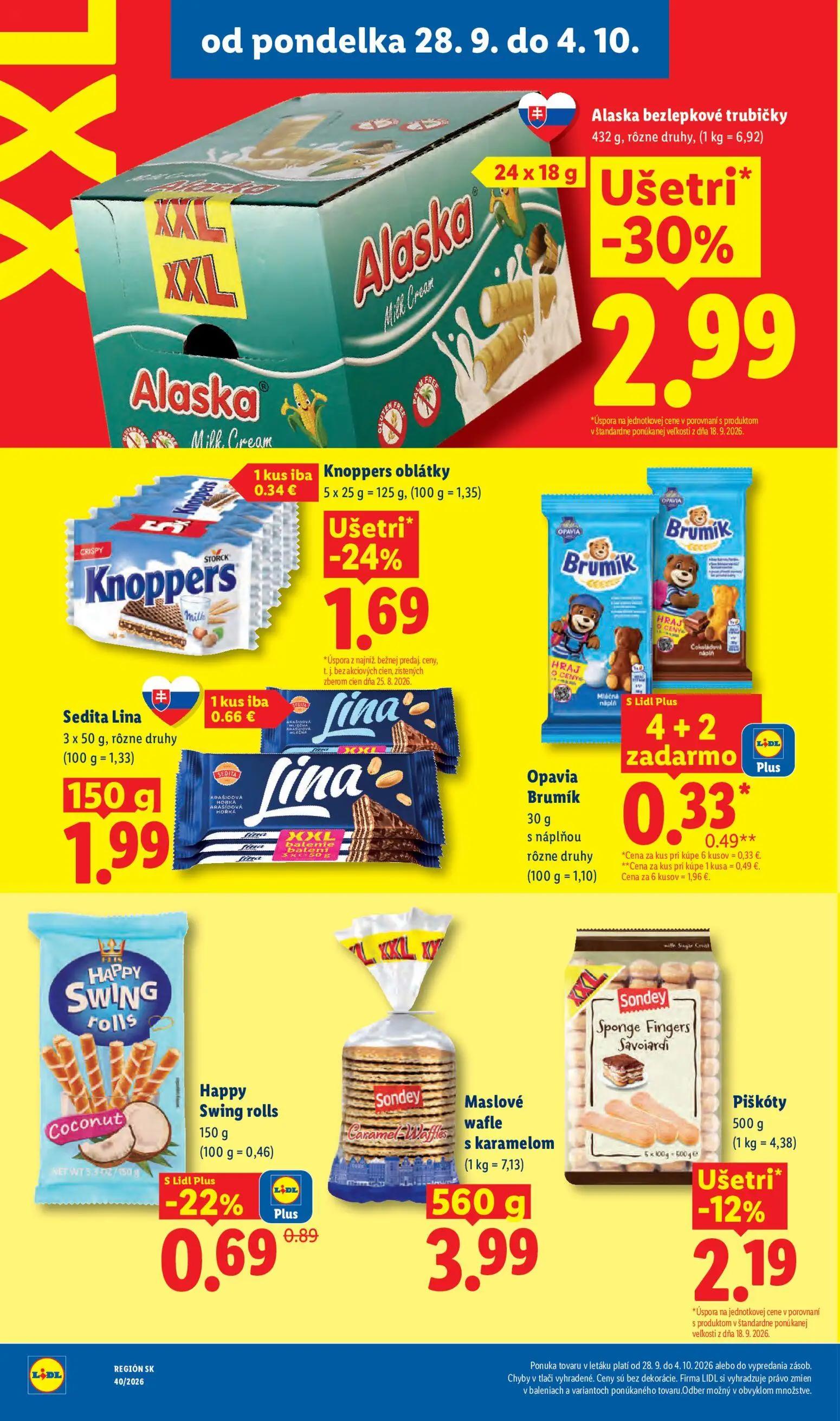 Lidl leták, strana 32 z 100 — Alaska bezlepkové trubičky, Knoppers oblátky, Piškóty