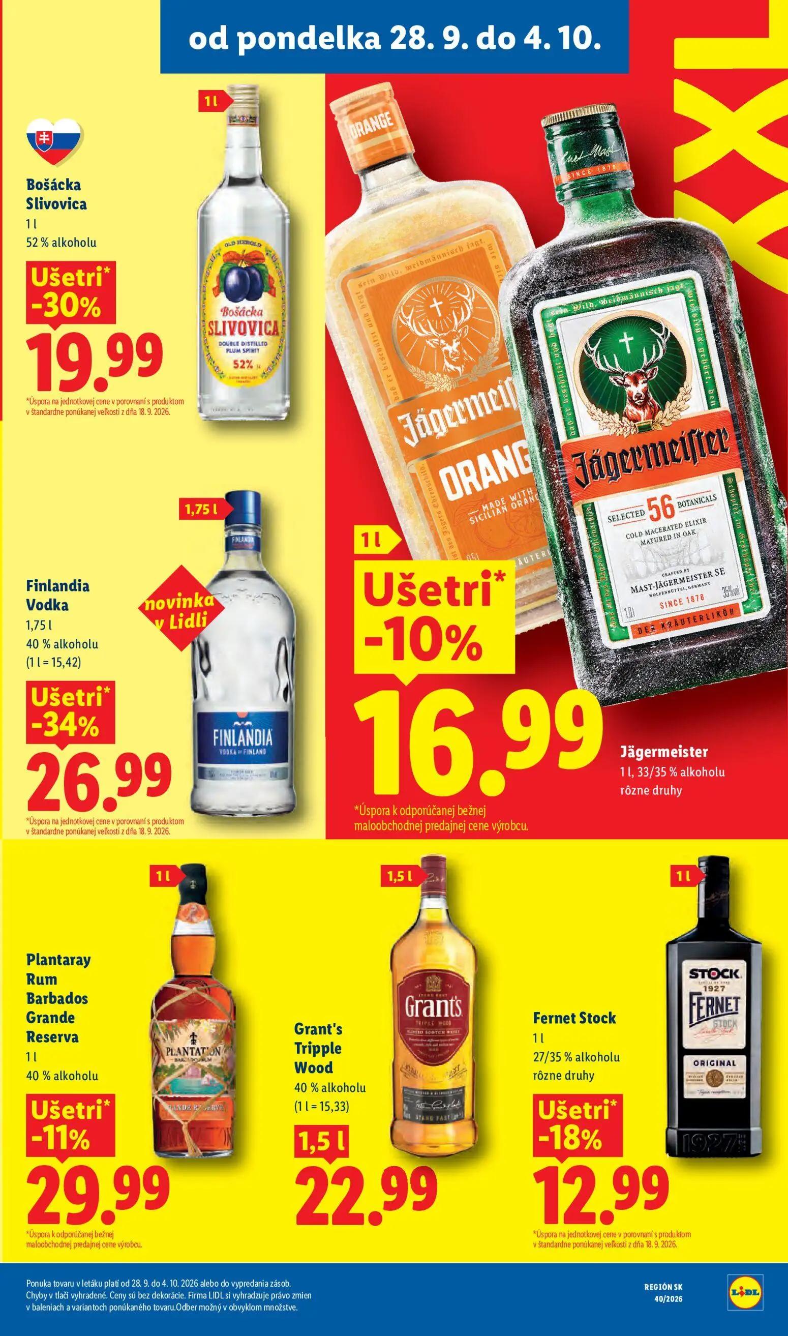 Lidl leták, strana 38 z 100 — Finlandia Vodka, Bošácka Slivovica, Plantaray Rum Barbados Grande Reserva