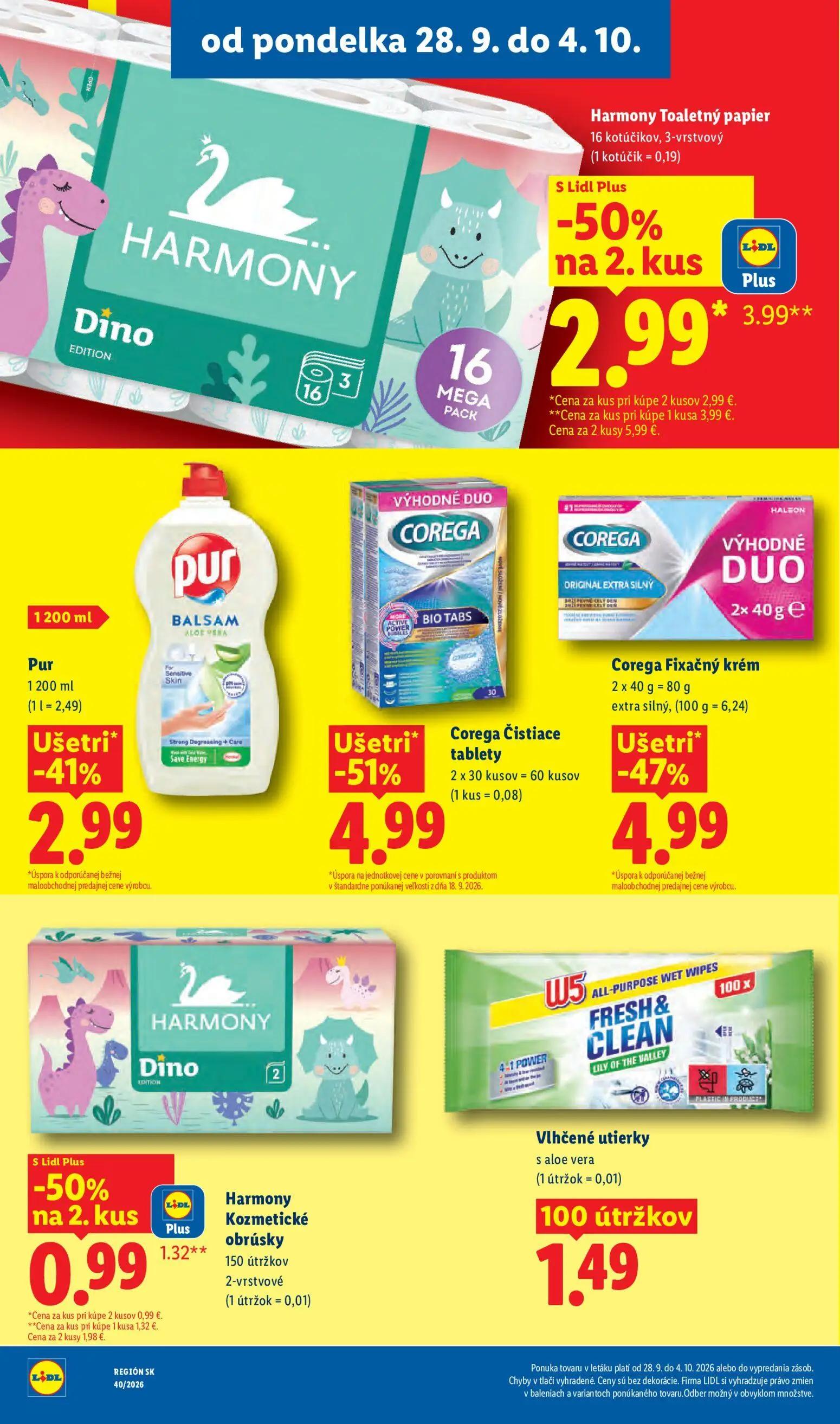 Lidl leták, strana 39 z 100 — Corega Čistiace tablety, Corega Fixačný krém, Pur