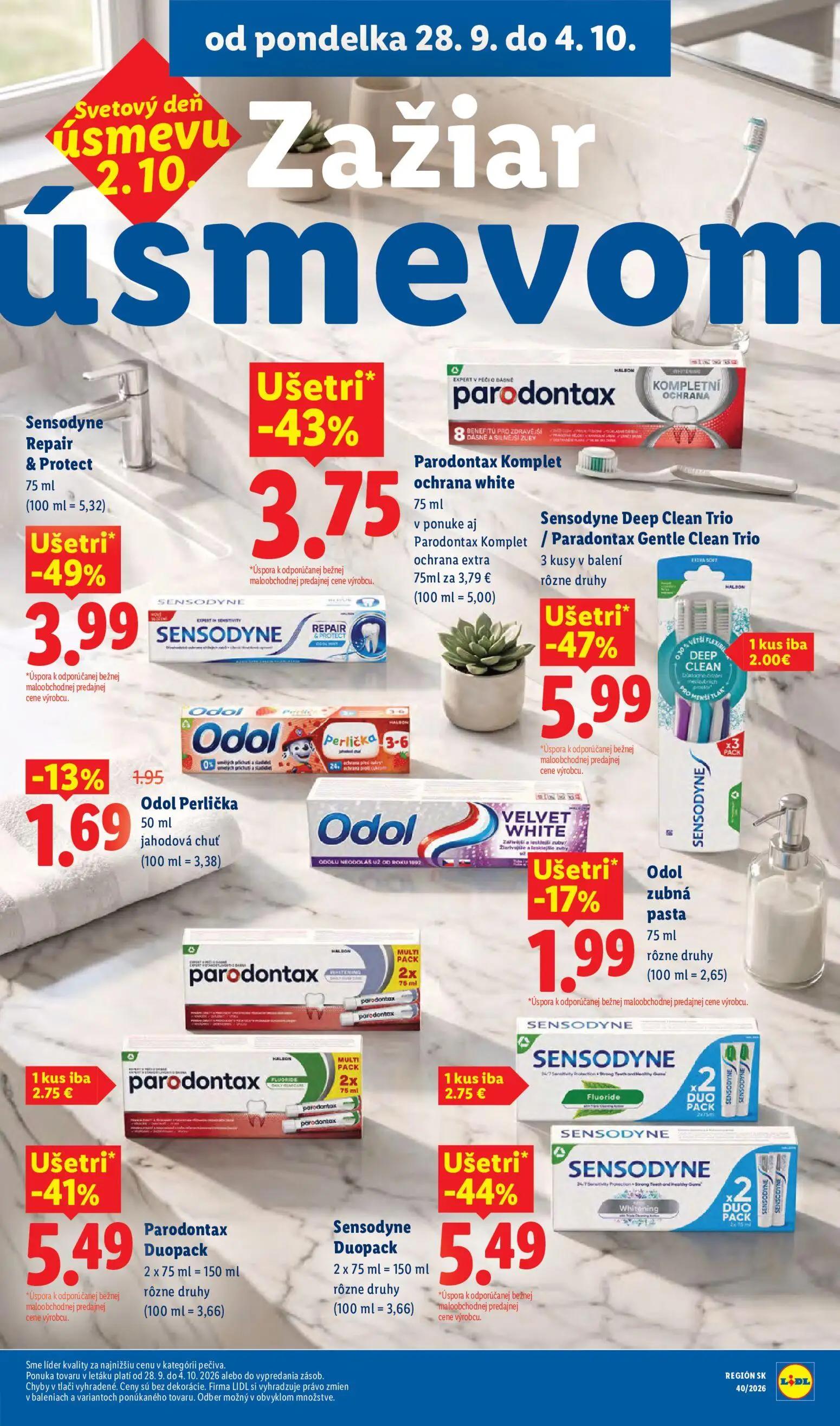 Lidl leták, strana 45 z 100 — SENSODYNE Deep Clean Trio / PARODONTAX Gentle Clean Trio, SENSODYNE Duopack, SENSODYNE Repair …