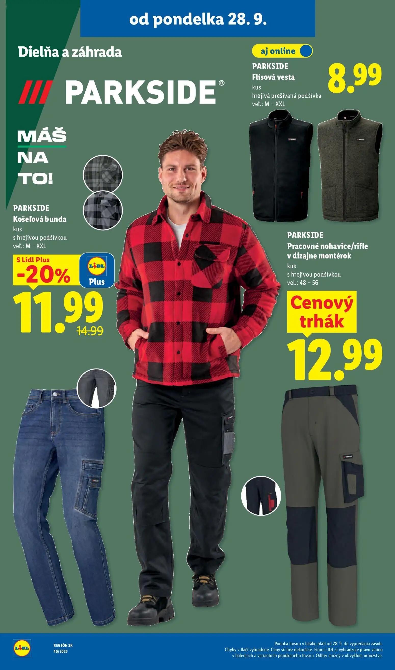 Lidl leták, strana 54 z 100 — PARKSIDE Košeľová bunda, PARKSIDE Flísová vesta, PARKSIDE Pracovné nohavice/rifle v dizajne mo…
