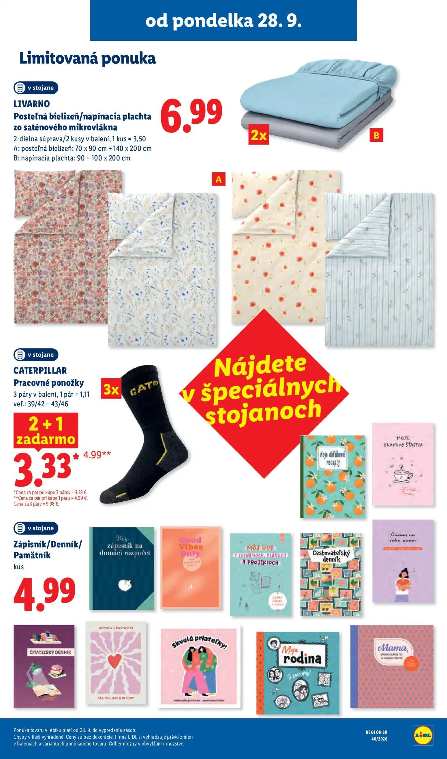 Lidl leták, strana 59 z 100 — Pracovné ponožky, Posteľná bielizeň/napínacia plachta zo saténového mikrovlákna, Zápisník/Denn…