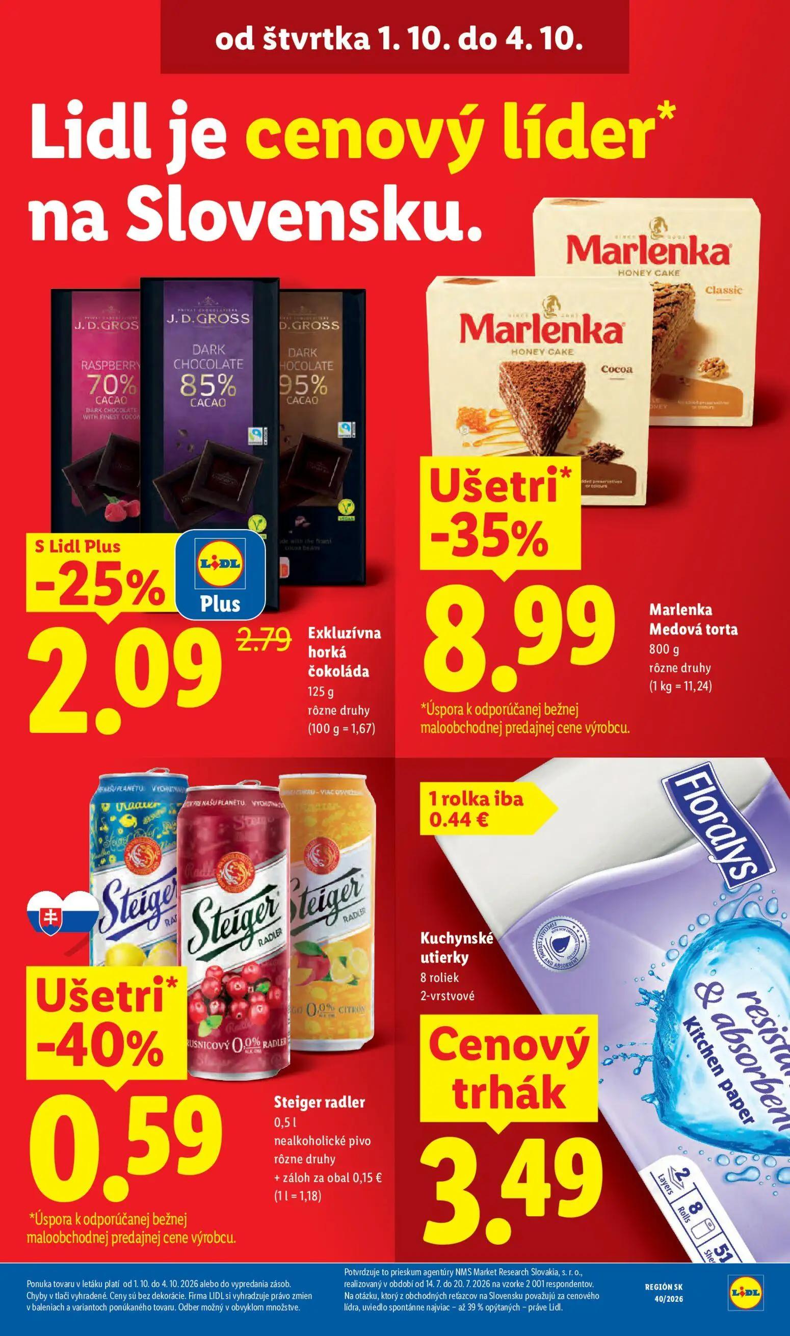 Lidl leták, strana 69 z 100 — Marlenka Medová torta, Exkluzívna horká čokoláda, Steiger radler