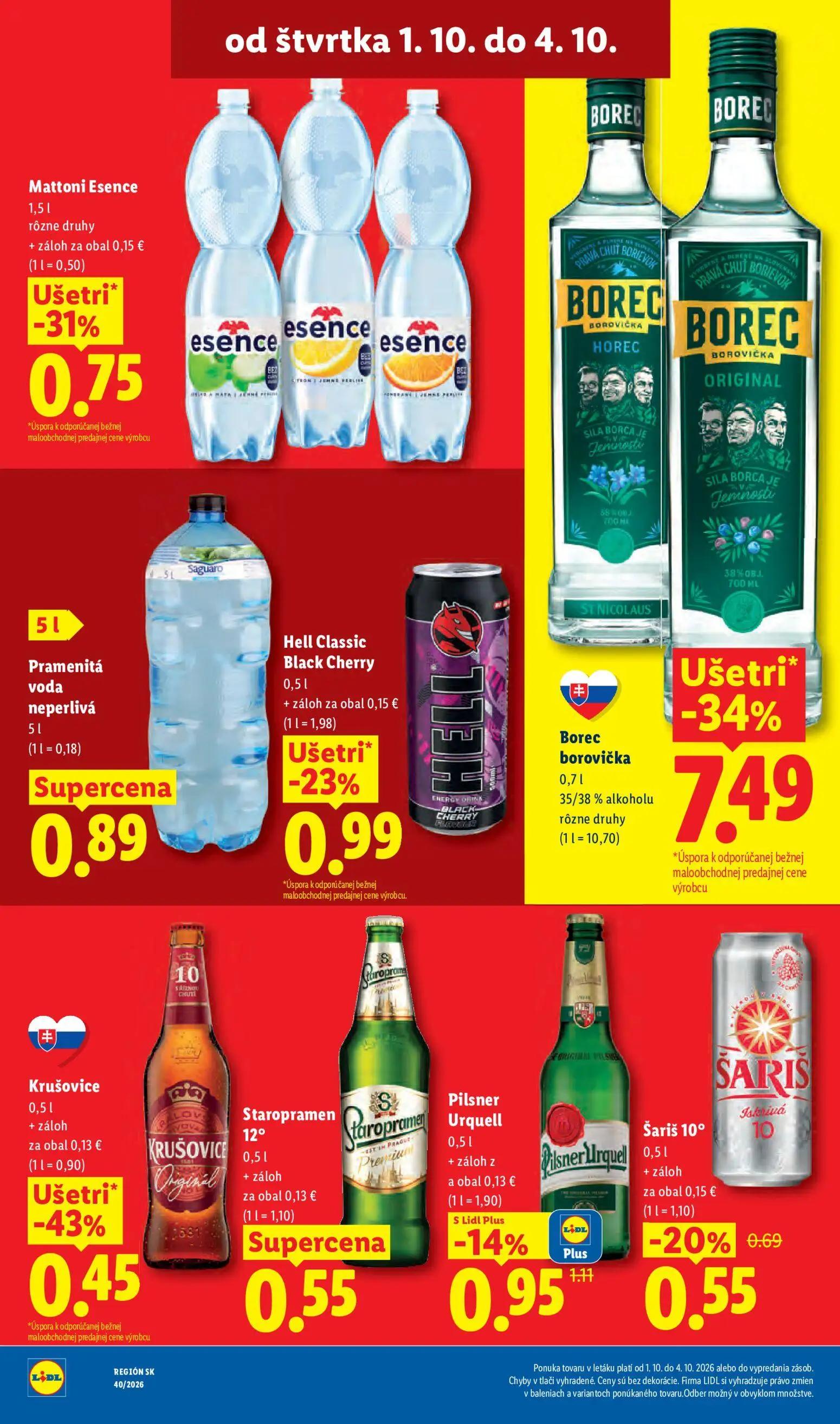 Lidl leták, strana 76 z 100 — Borec borovička, Mattoni Esence, Krušovice